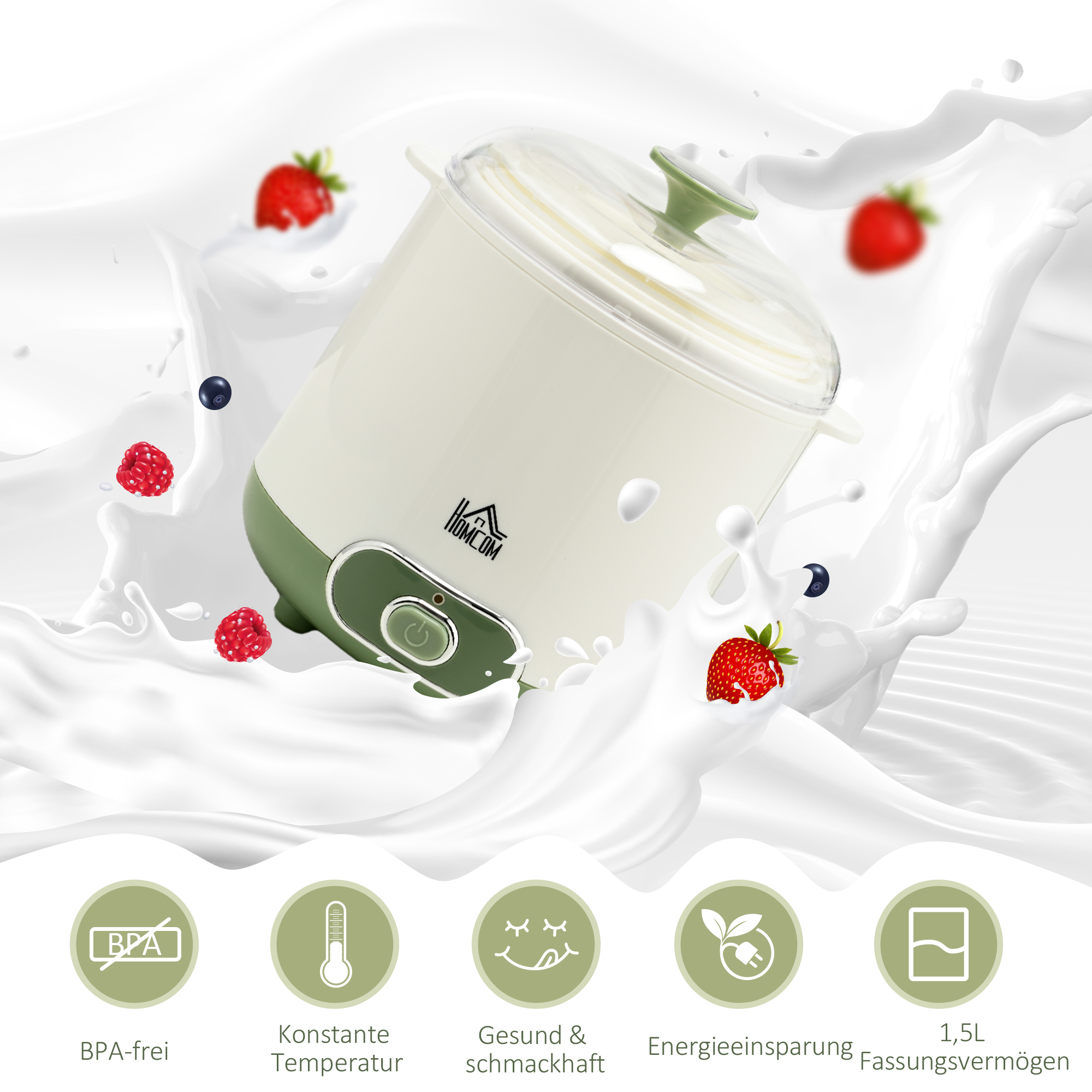 Joghurtbereiter, 1,5 L Joghurtmaschine mit 2 Gläsern, Sieb, Deckel, 20 W Joghurt-Maker für griechischen Joghurt, für 3-5 Personen, 19,5x17,5x21,4 cm, Weiß