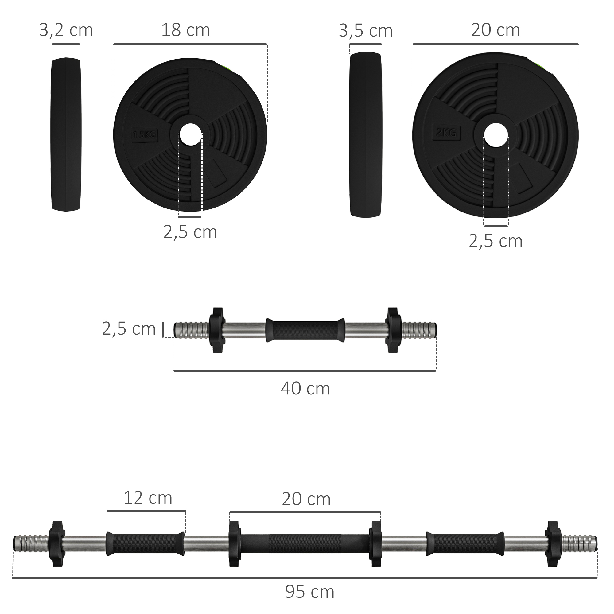 2-in-1 Hantel-Set, Lang- & Kurzhantel, 15 kg, rutschfest, bodenschonend, Schwarz/Grün