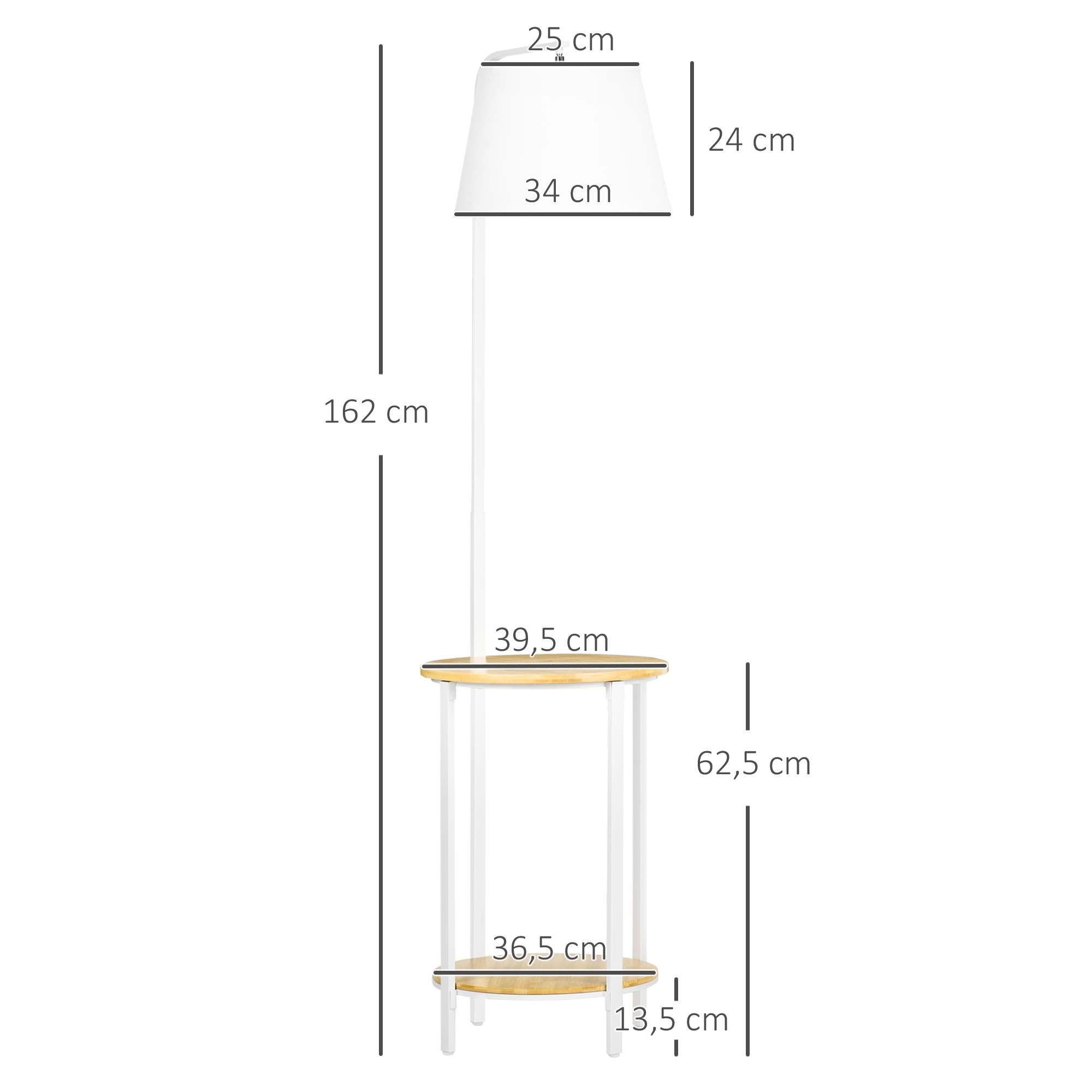 Stehleuchte mit 2 Regalen, Standleuchte, Fußschalter, 40 W. E 27, Natur + Weiß