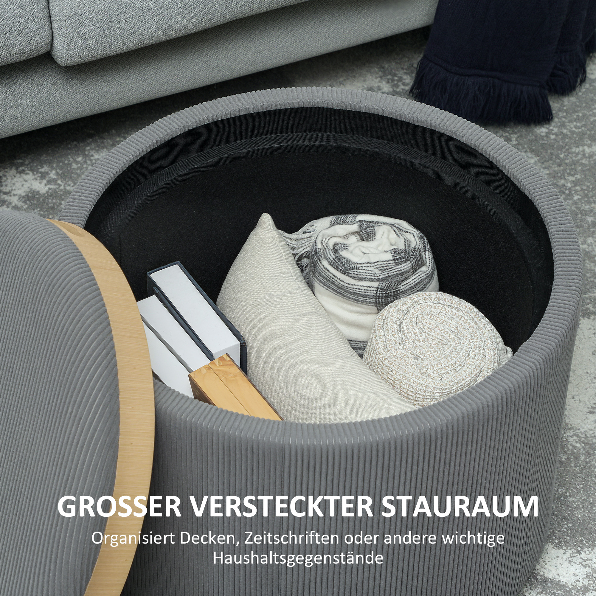 Aufbewahrungshocker mit Stauraum, rund, Fußstütze, Cordstoff, MDf, Grau