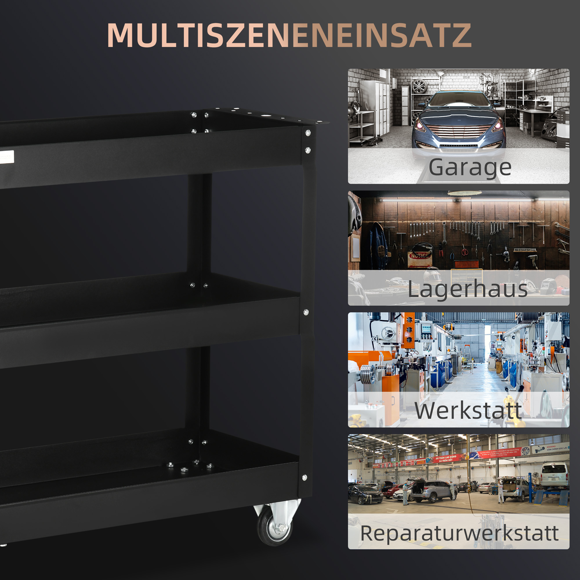 3-stufiger Werkzeugwagen, 4 Rollen, Stahl, 83B x 35,3T x 76H cm, Schwarz