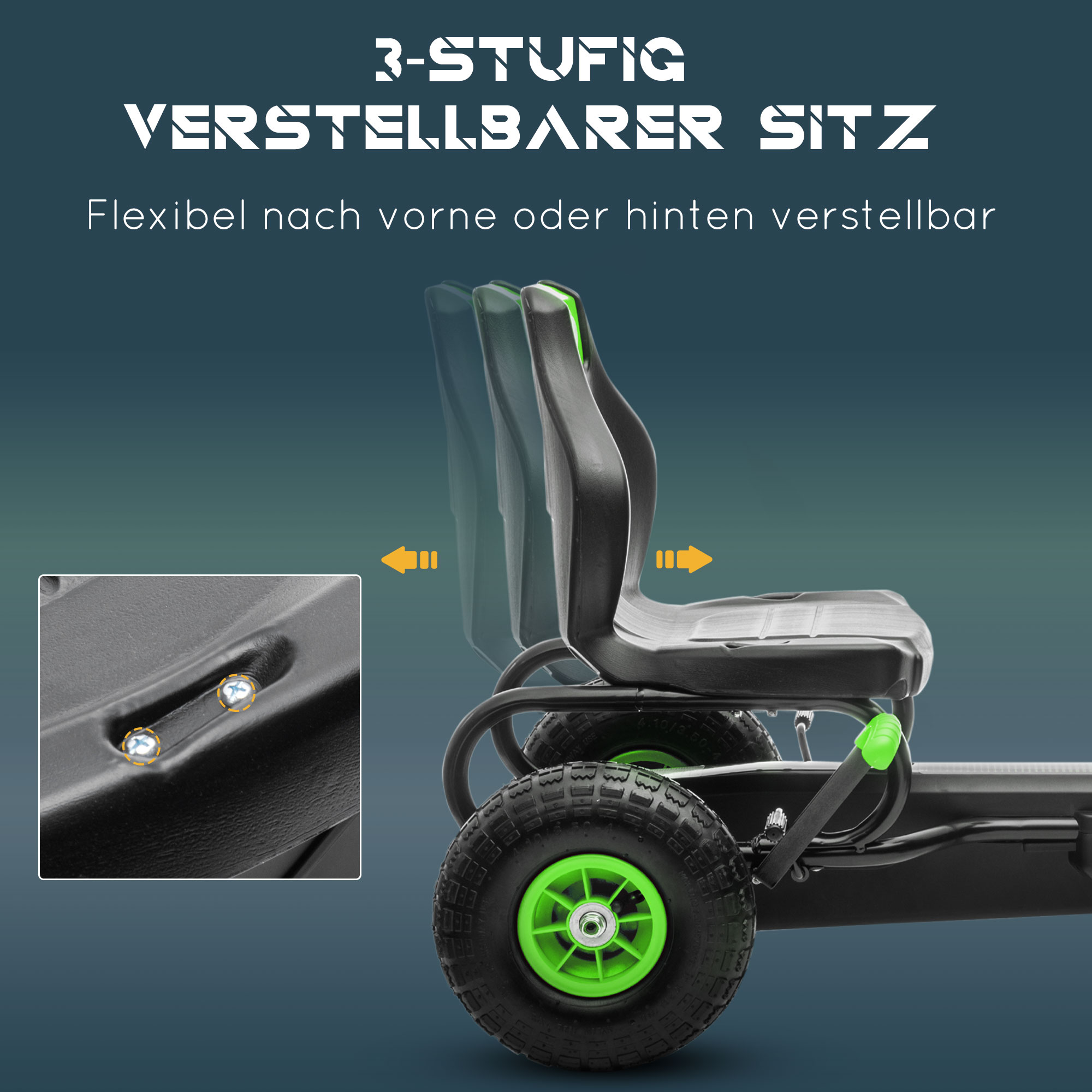 Kinder-Gokart, mit Pedalen, verstellbarem Sitz, In- und Outdoor, ab 5 Jahren, Grün+Schwarz, 121 x 58 x 61 cm