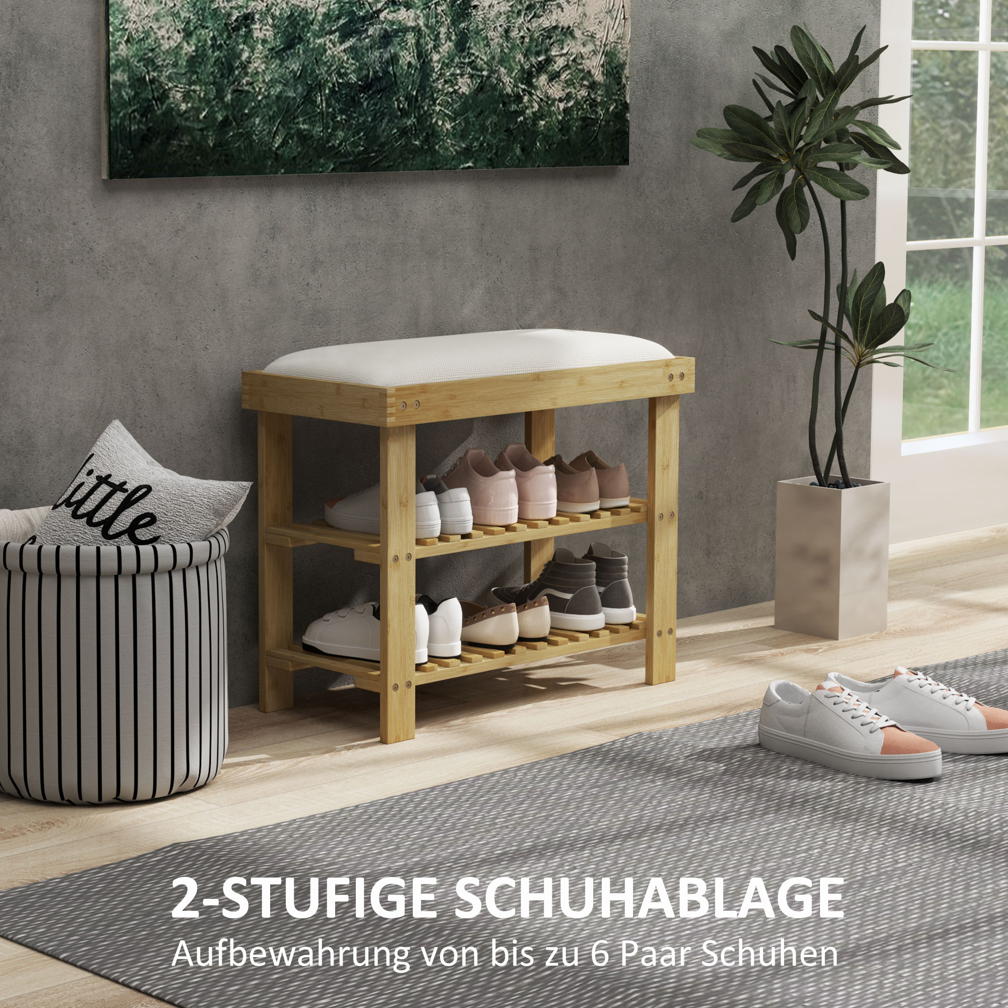 Schuhbank mit Sitzfläche, Bambus Sitzbank mit Stauraum, 2 offene Fächer, Sitzbank 60 x 29 x 49 cm Cremeweiß
