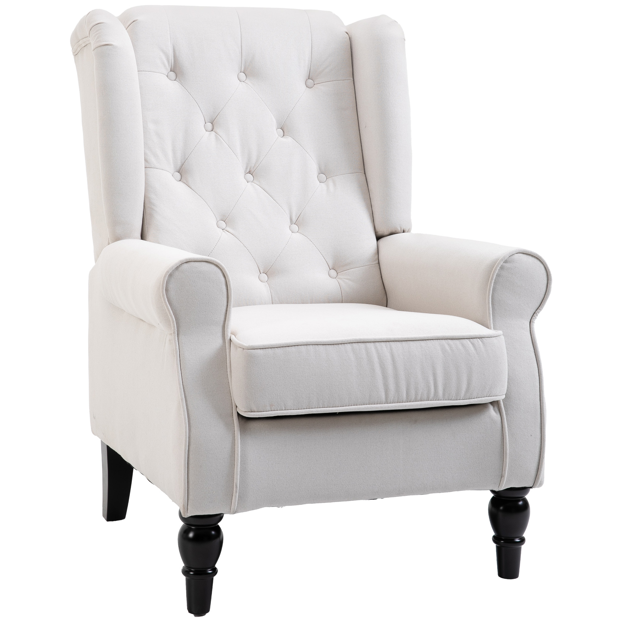 Ohrensessel Relaxsessel Sessel, Vintage-Design, Knopfheftung, gedrechselte Beine, 74 cm x 86 cm x 102 cm, Cremeweiß