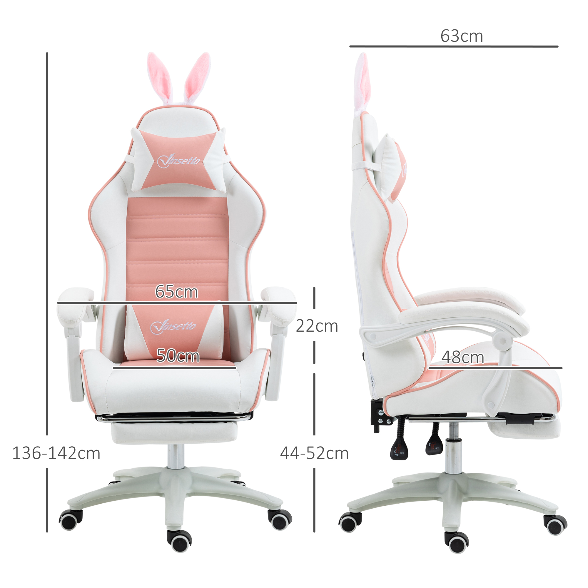 Gaming Stuhl Ergonomischer Gamer Stuhl mit Lendenwirbelstütze, Fußstütze Hasenohren Kopfkissen Rosa