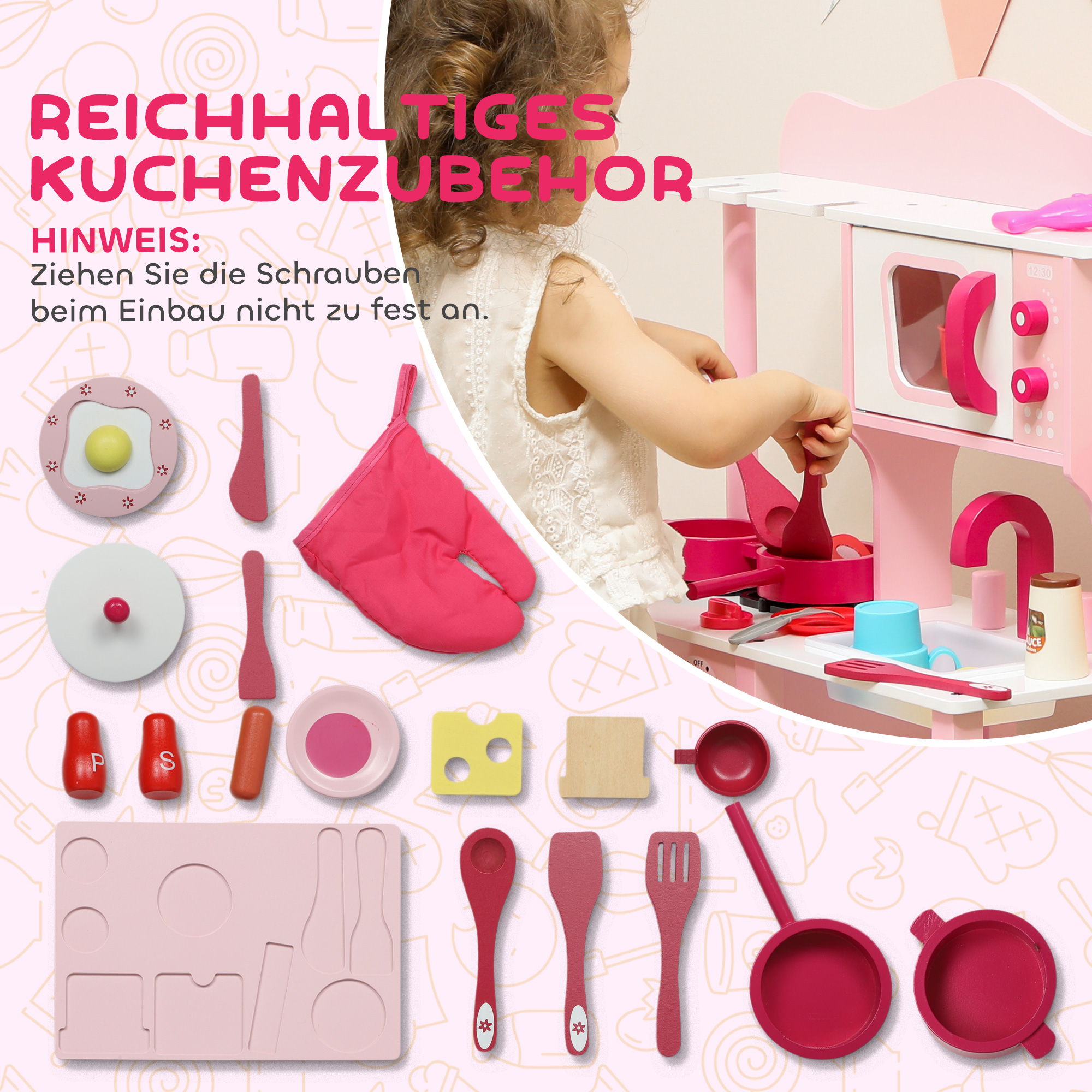 Kinderküche zum Spielen, Zubehör aus Holz, Küchengeräte, kompakt, Geräusche, Rosa