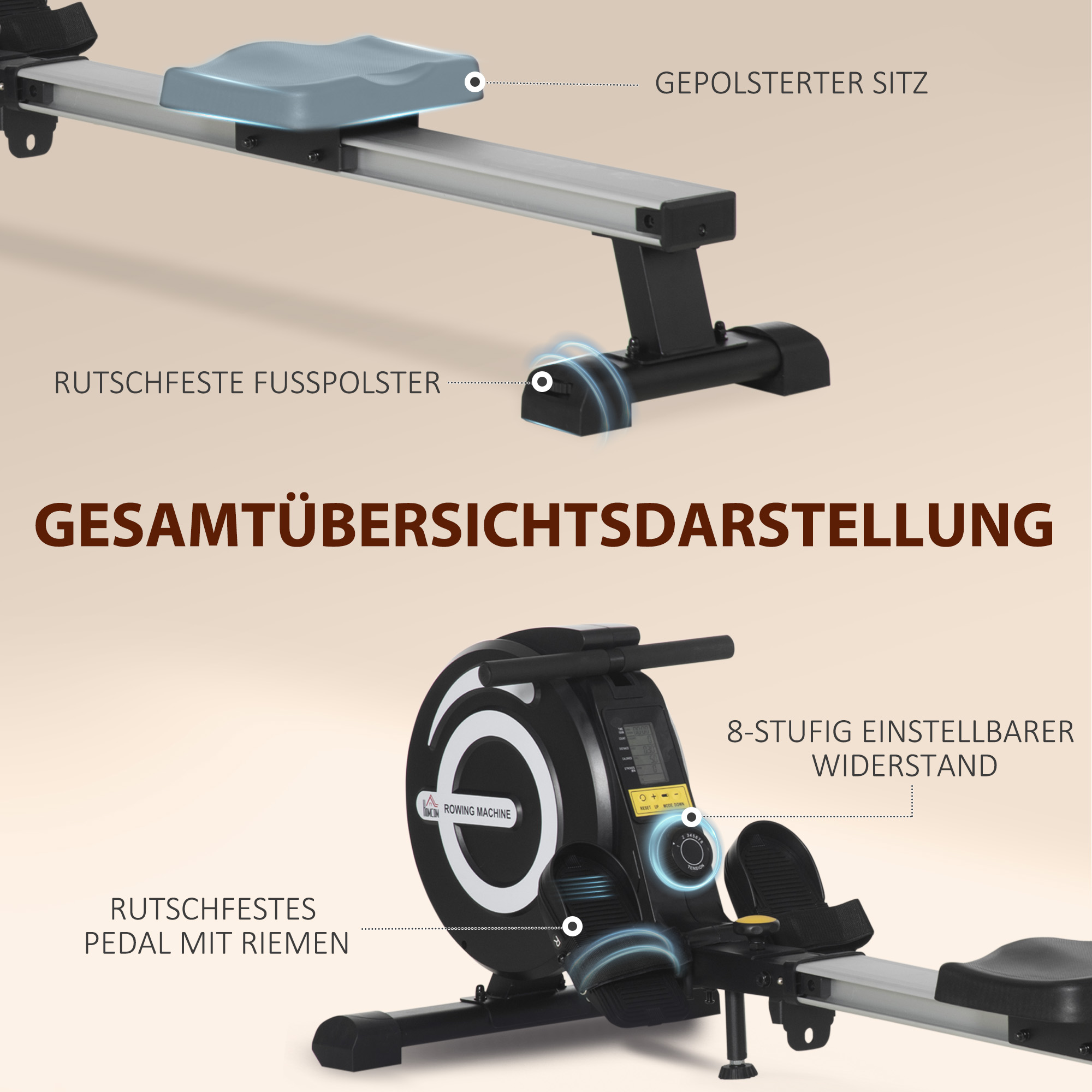 Rudergerät, klappbar, leiser Aluminiumrahmen, LCD-Monitor, 8 Stufen Widerstand, Schwarz/Silber