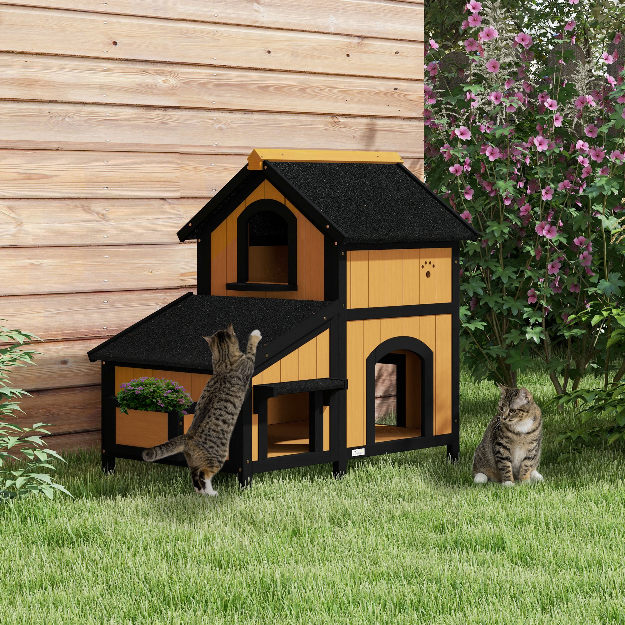 Katzenhaus Katzenhütte Katzenhöhle, inkl. Blumenkasten, 96 cm x 65 cm x 85,5 cm, Gelb + Weiß + Schwarz