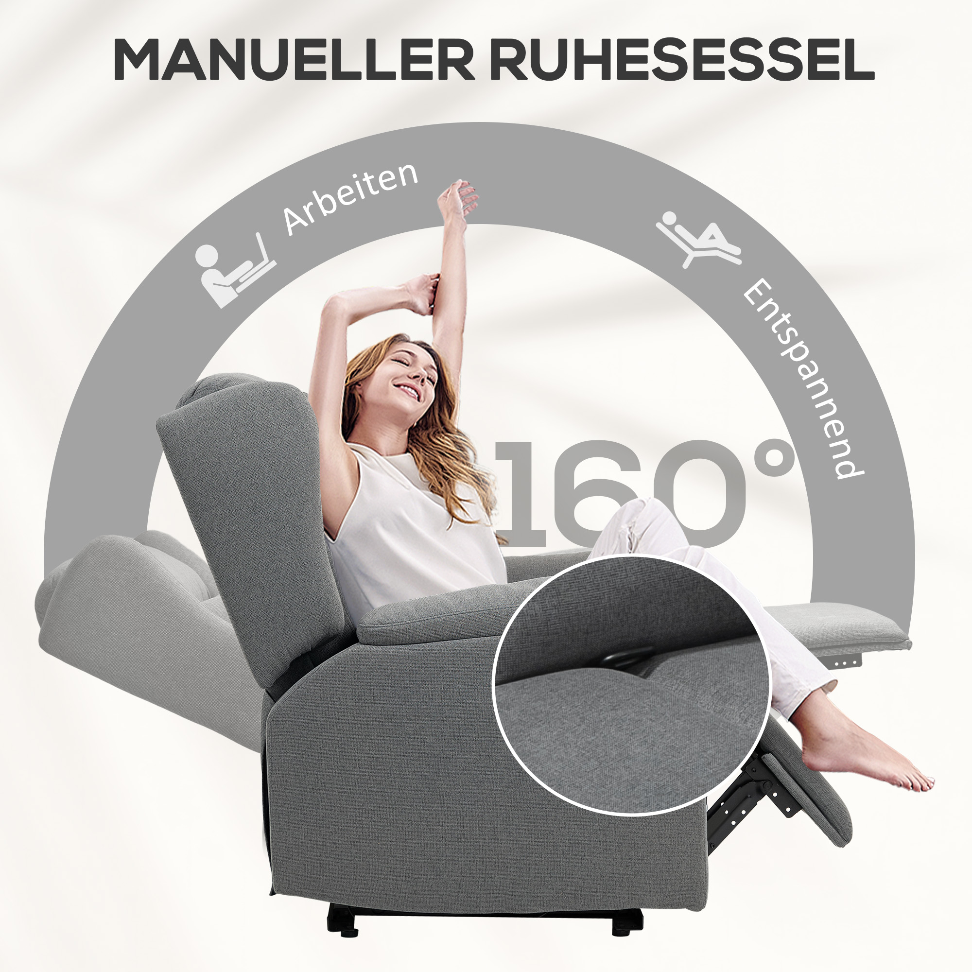 Relaxsessel, Verstellbarer Polstersessel mit Fußstütze, 160° neigbar, Leinenoptik, schneller Aufbau, Dunkelgrau