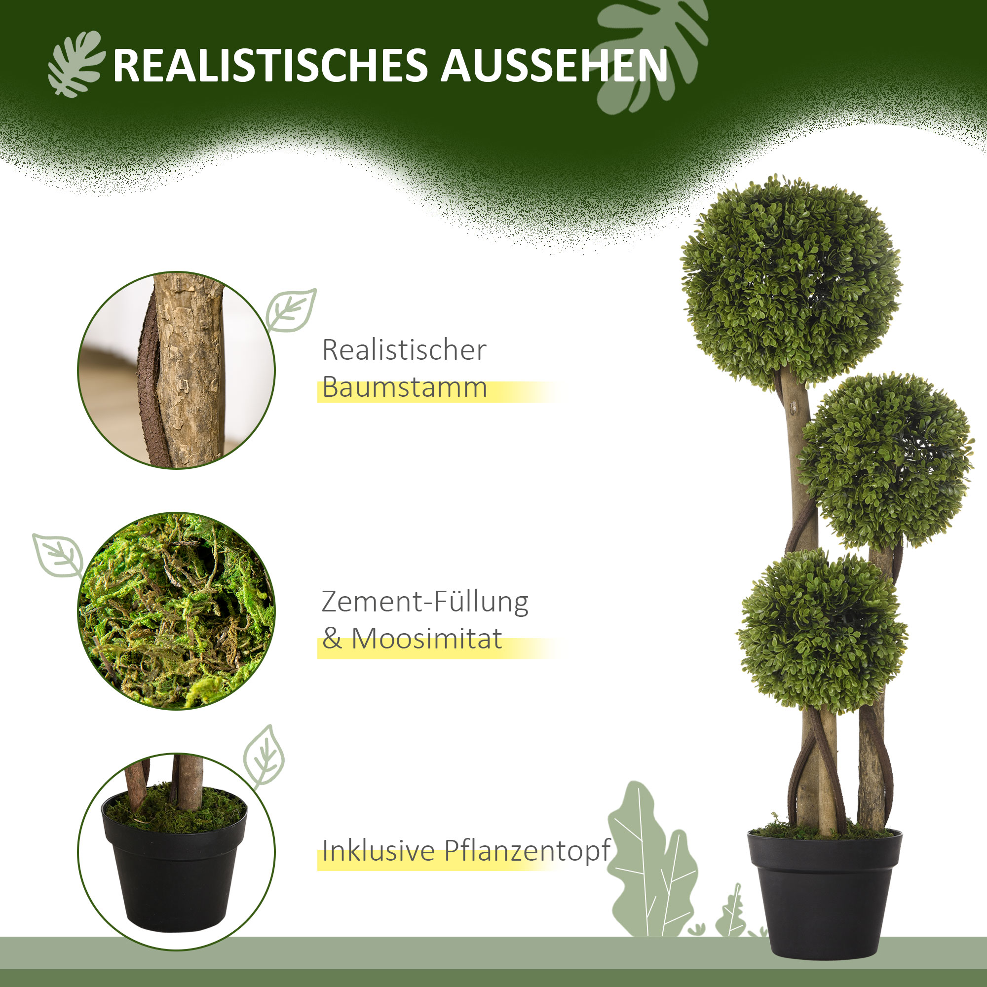 Künstlicher Buchsbaum, Kunstpflanze, realistisches Aussehen, Outdoor, Grün + Schwarz