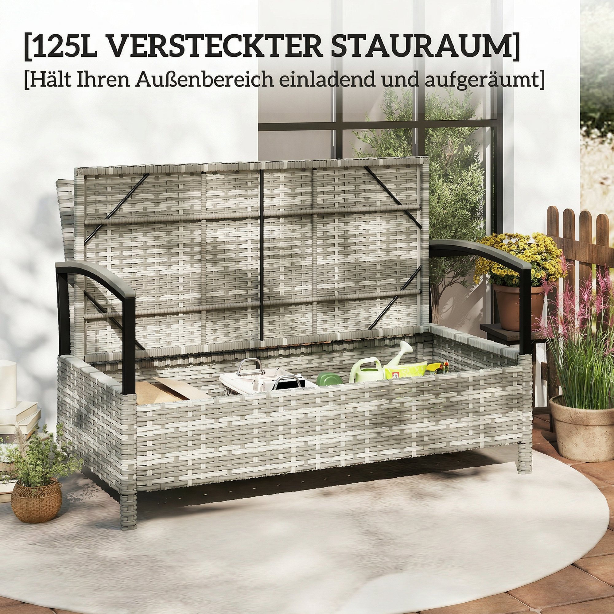 Gartenbank mit Stauraum 2-Sitzer Sitzbank mit Kissen Haltegriffen 125L Poly Rattan 123 x 70 x 82 cm Dunkelgrau