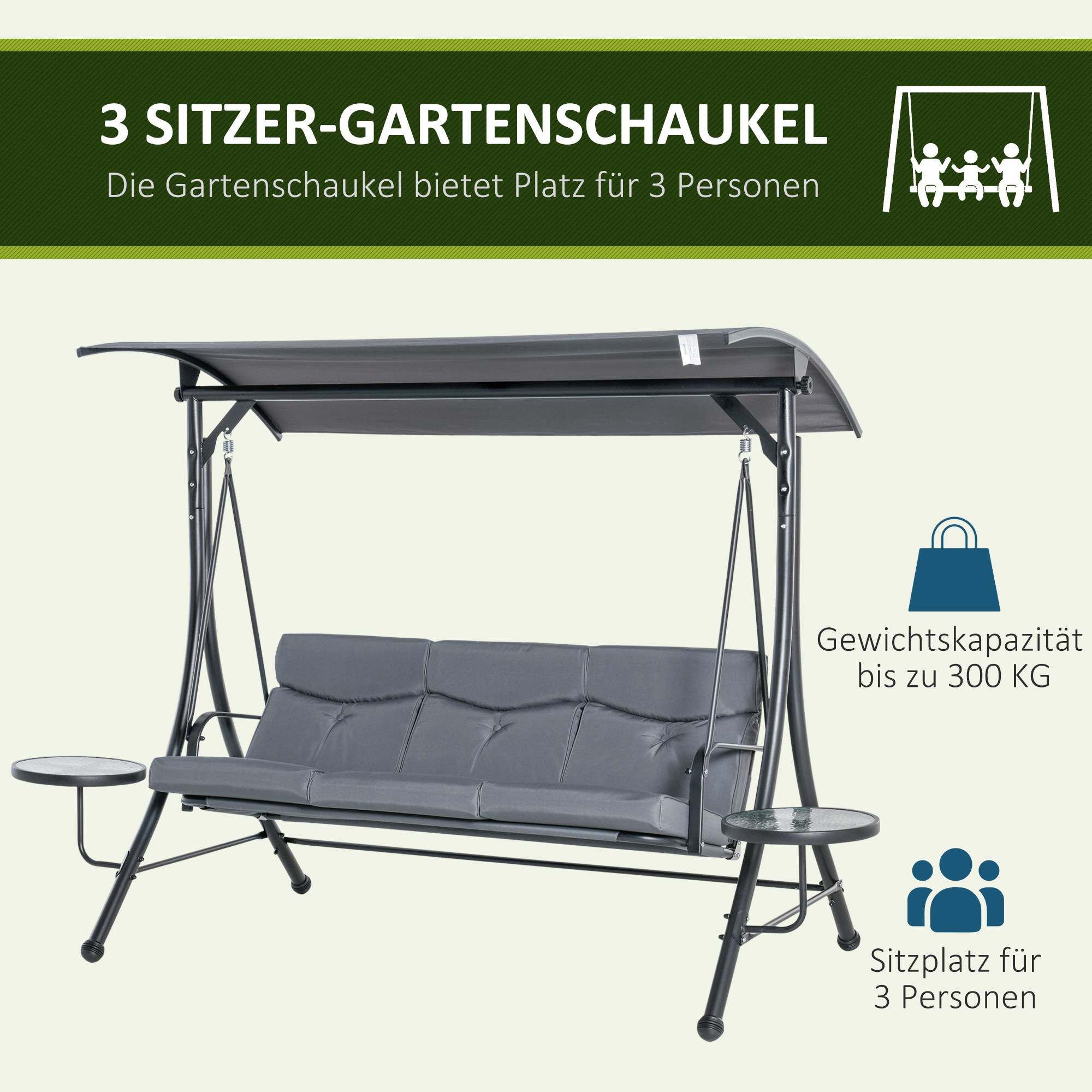 Hollywoodschaukel 3-Sitzer Gartenschaukel Schaukelbank mit verstellbarem Sonnendach Teetisch Stahl Polyester Grau+Schwarz 271 x 125 x 177 cm