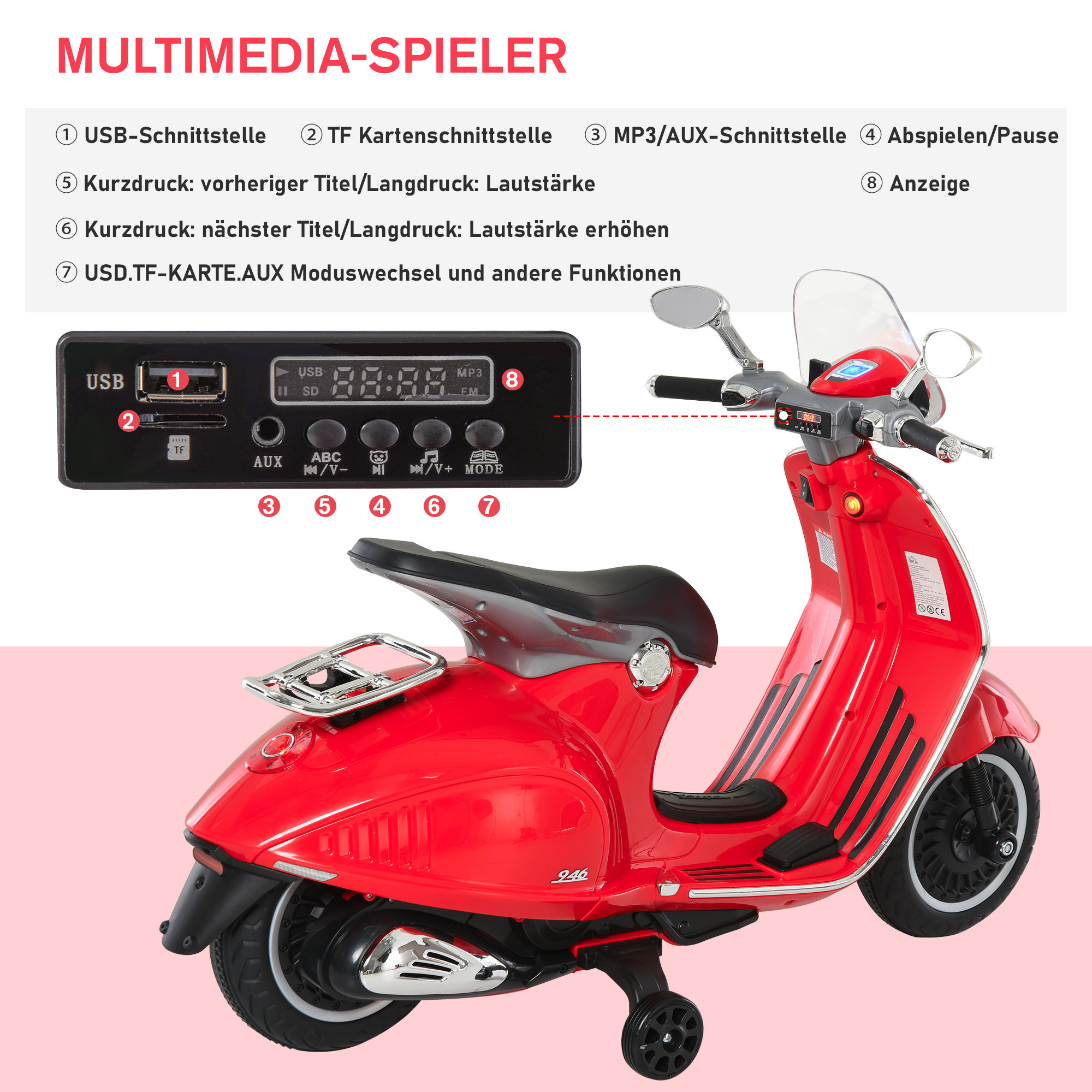 Elektro Kindermotorrad Elektromotorrad mit MP3, Musik, Scheinwerfer, Vor- und Rückwärtsgang, Kinder Elektro Motorrad für 3-6 Jahre Kinder, Rot