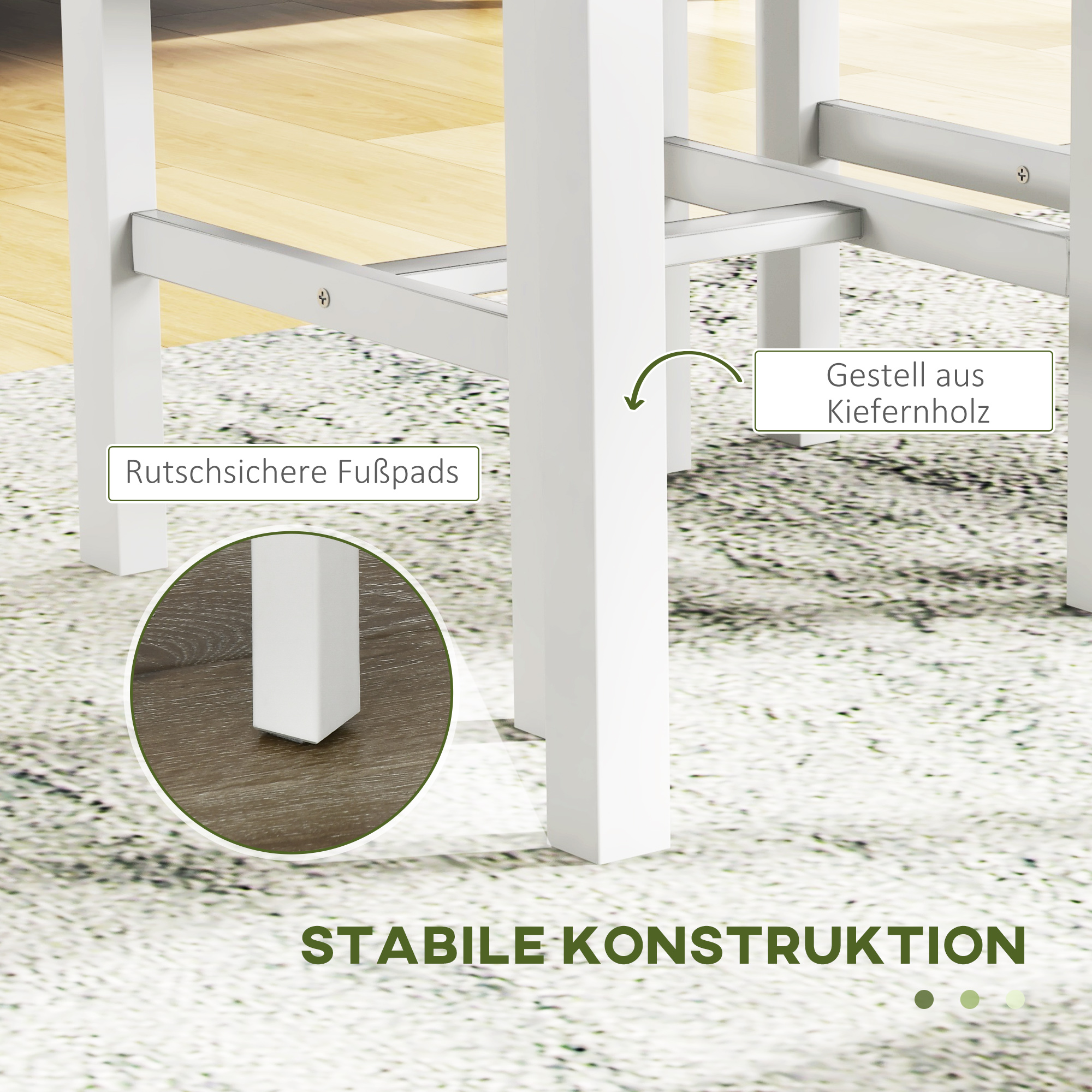 Sitzgruppe, 4-teiliges Esstisch-Set, 1 Tisch, 1 Bank, 2 Stühle, Grau + Weiß