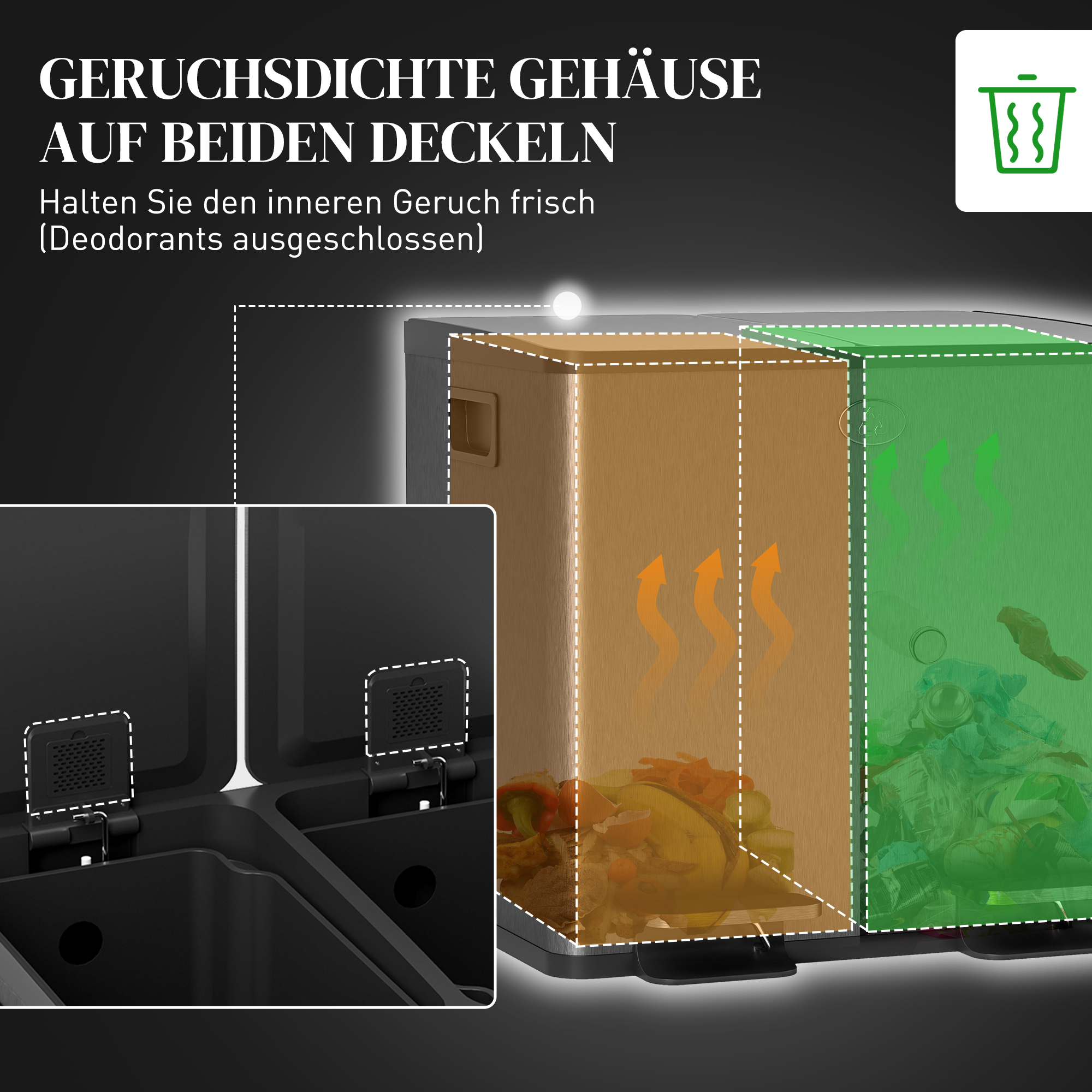 2 x 15 L Doppelmülleimer, Pedalöffnung, leicht zu reinigen, Edelstahl, Kunststoff, Schwarz