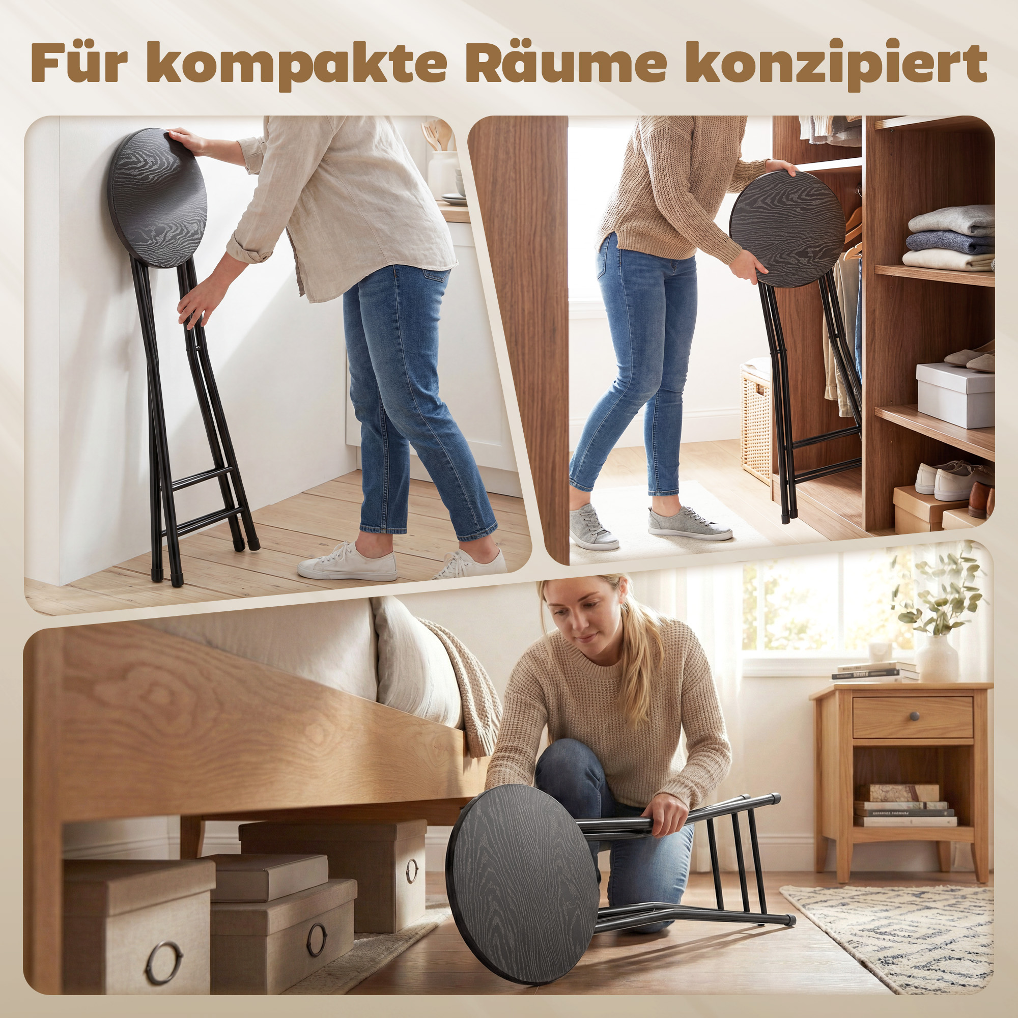 Barhocker 2er Set, Klappbar Barstuhl mit Stahlgestell, Küchenstühle mit doppelter Fußstütze 34 x 30 x 70 cm Schwarz