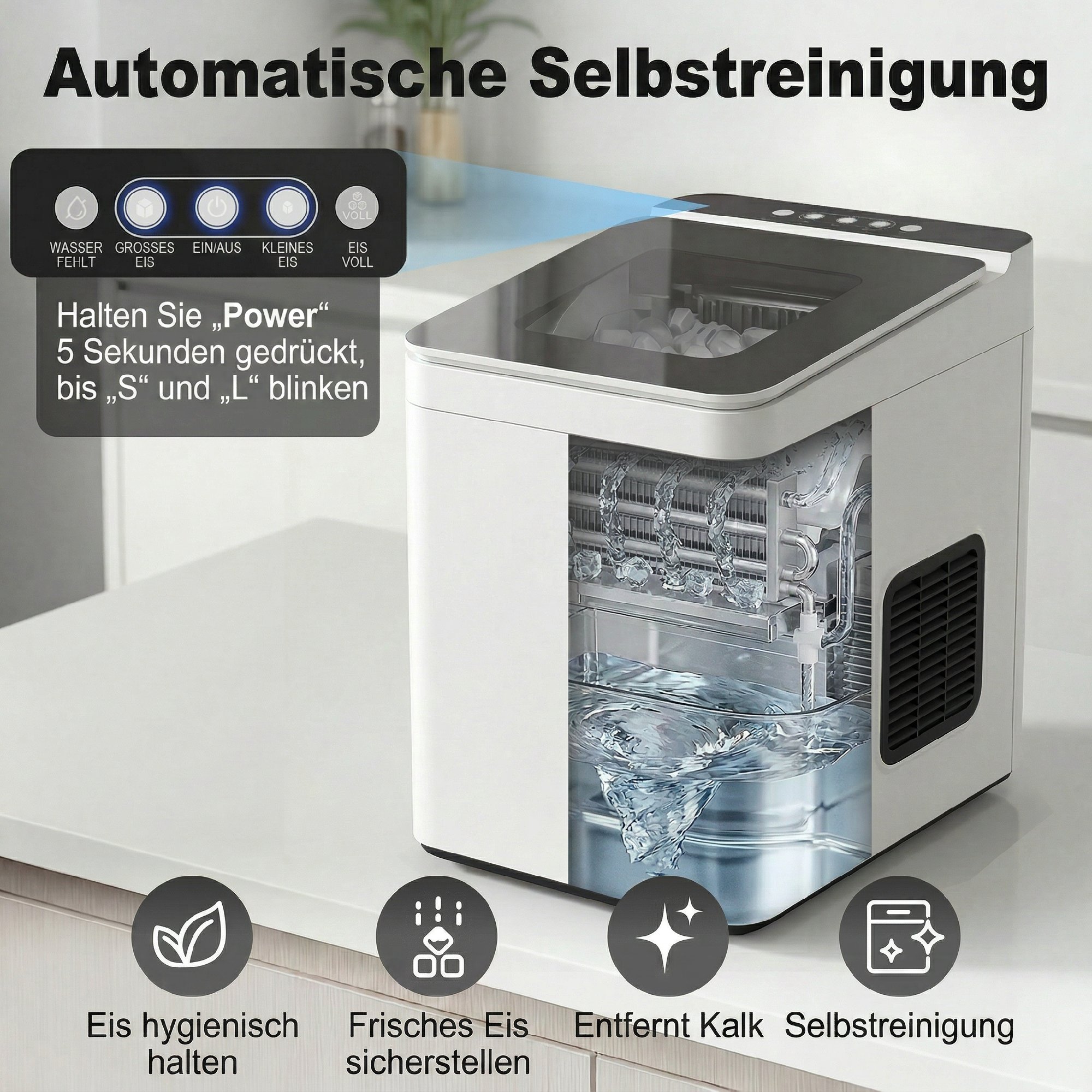 Tisch-Eismaschine Selbstreinigend Kompakter Eisbereiter mit Schaufel und Korb Weiß
