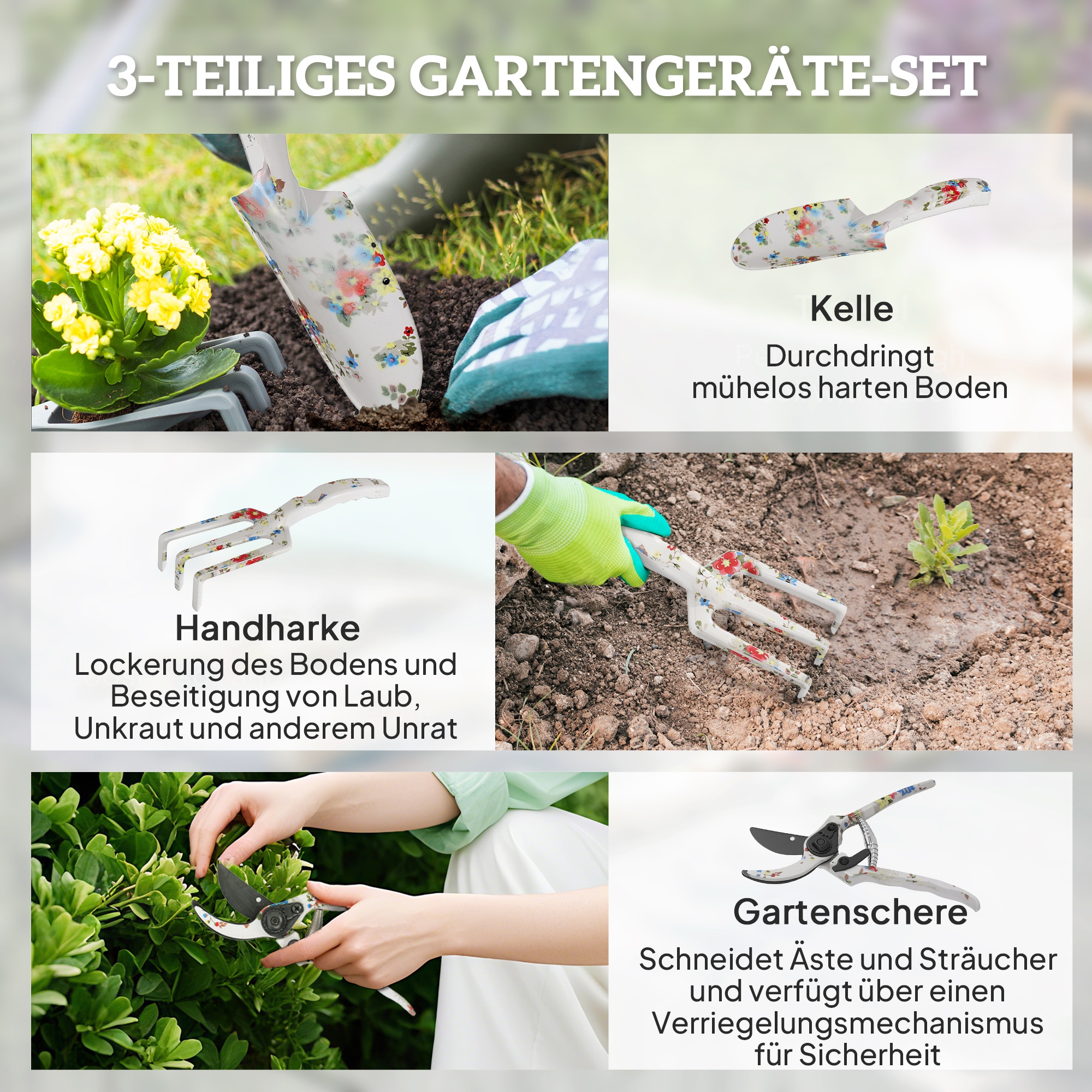 Gartenwerkzeug Set 3 Stück Garten Werkzeug aus Metall mit Blumenkelle Handrechen Gartenschere
