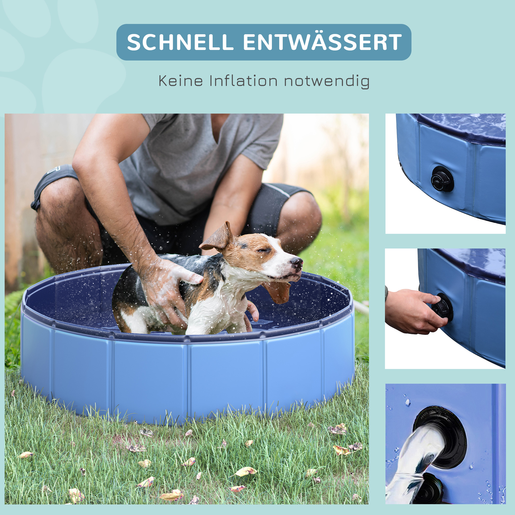 Hundebadewanne faltbar Badewanne Hundepool Plantschbecken Swimmingpool Wasserbecken für Hunde und Katzen Schwimmbecken Kunststoff+Holz Blau Ø80 x H20 cm