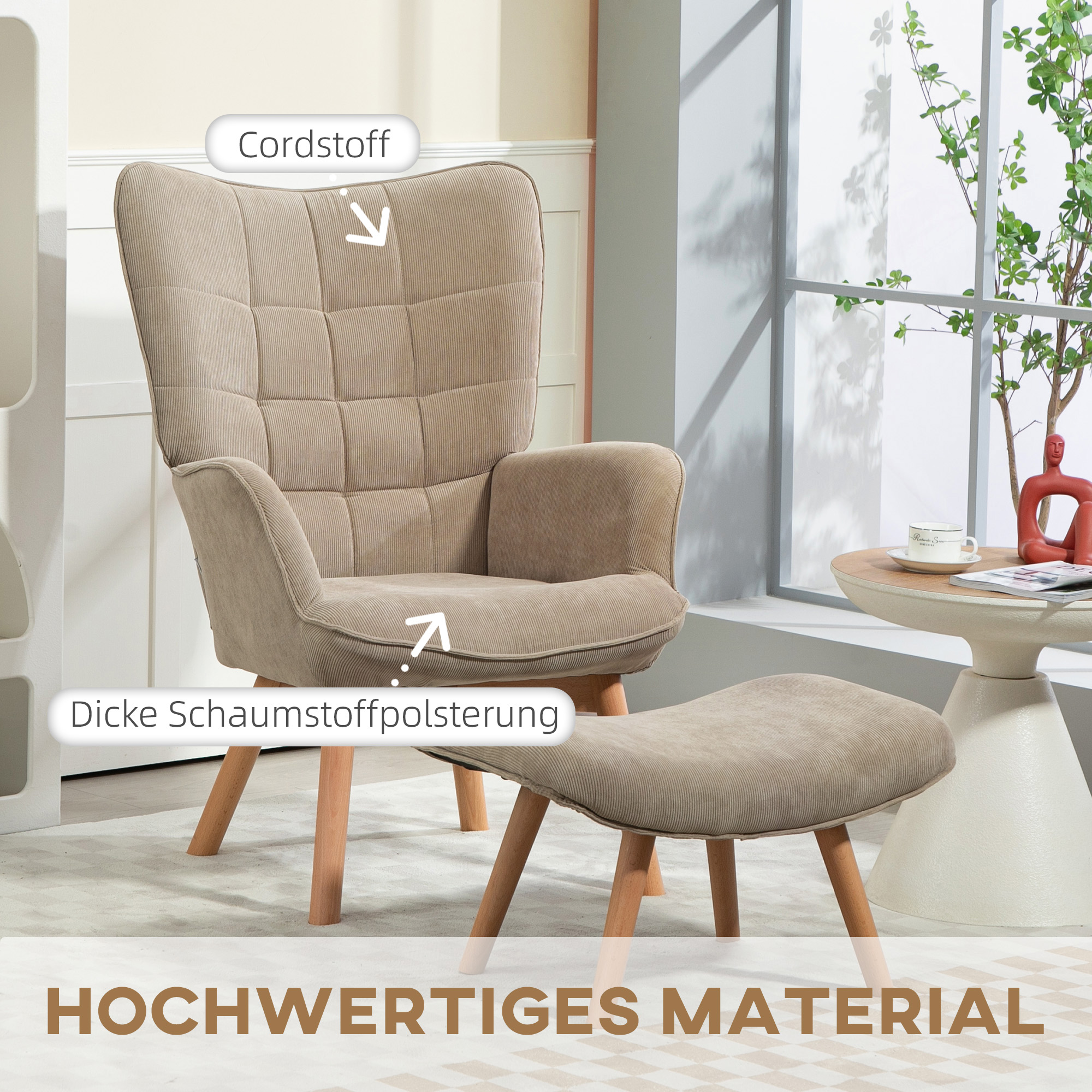 Akzentsessel mit Hocker, Relaxsessel in Cord-Optik, Armlehnstuhl mit Holzbeinen, für Wohnzimmer, Hellbraun