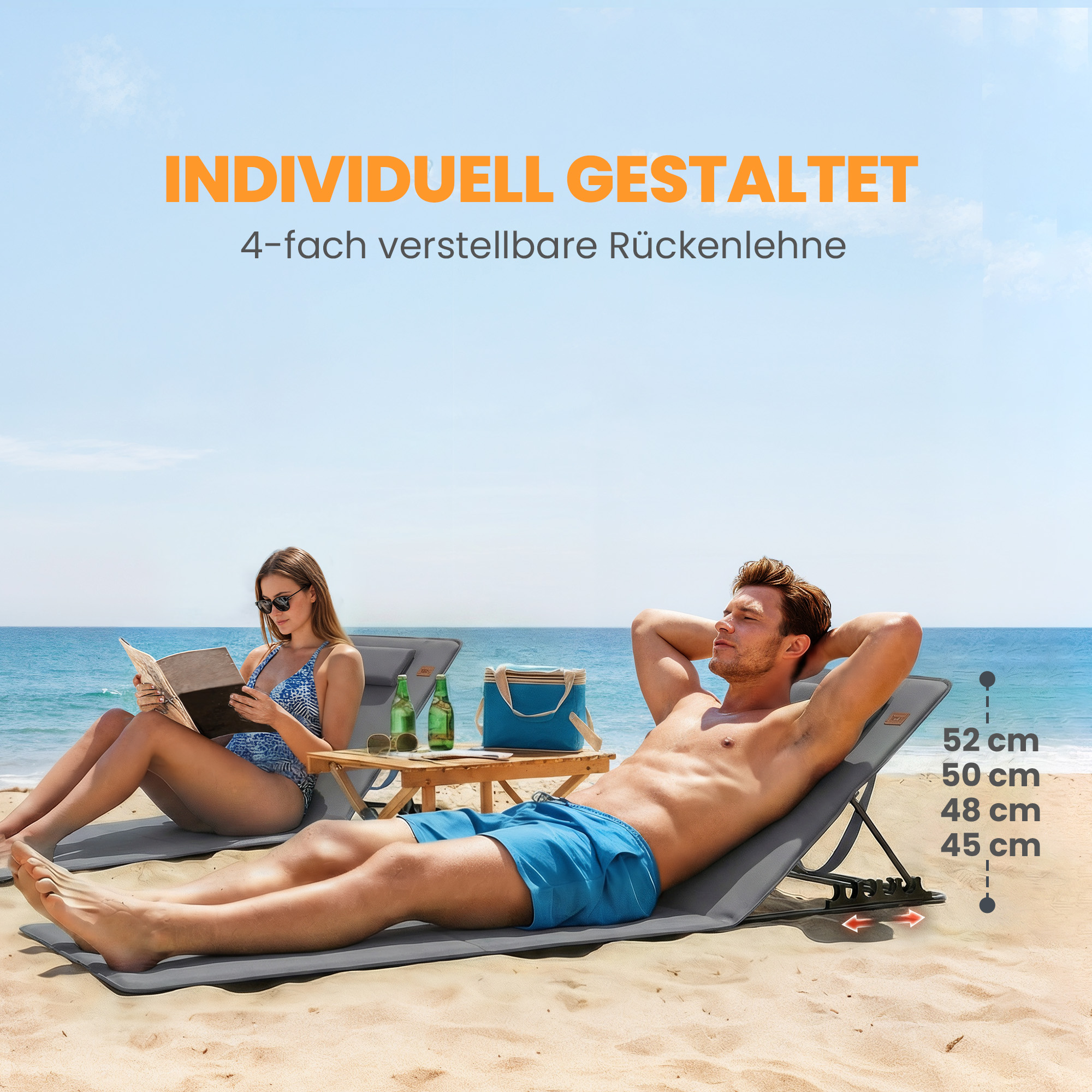2er Set Strandmatte mit Verstellbarer Rückenlehne klappbar leicht Strandliege mit Kopfkissen Aufbewahrungstasche