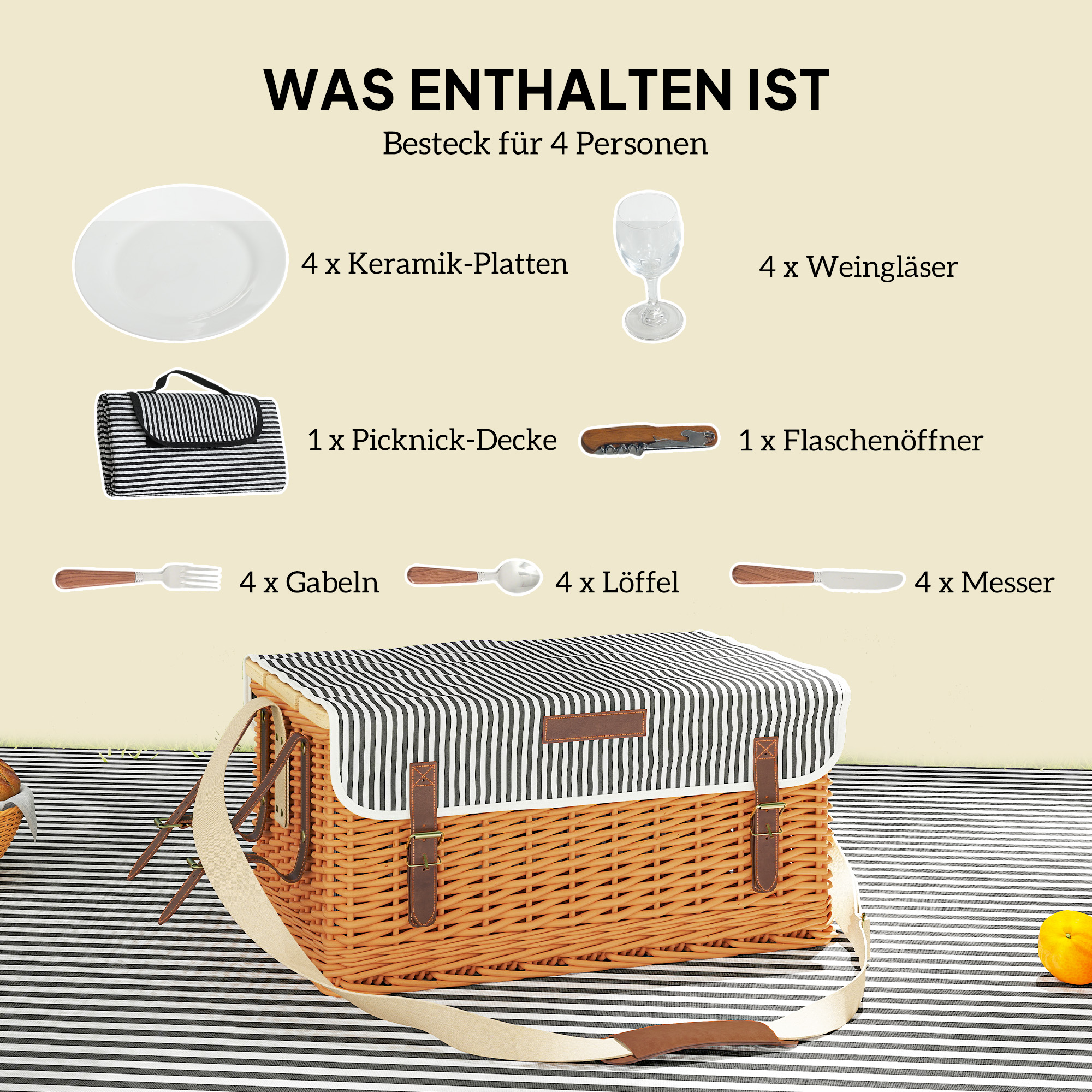 Picknickkorb aus Weidenholz Picknickkoffer für 4 Personen mit Picknickdecke Besteck Set, Flascheöffner Hellbraun
