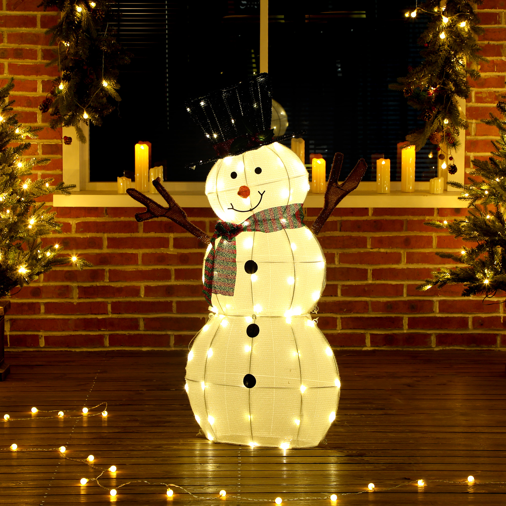 Fröhliche Schneemann-Dekoration für Weihnachten, Außendekoration mit LED-Lichtern, Stahl, Polyester, Weiß+Schwarz