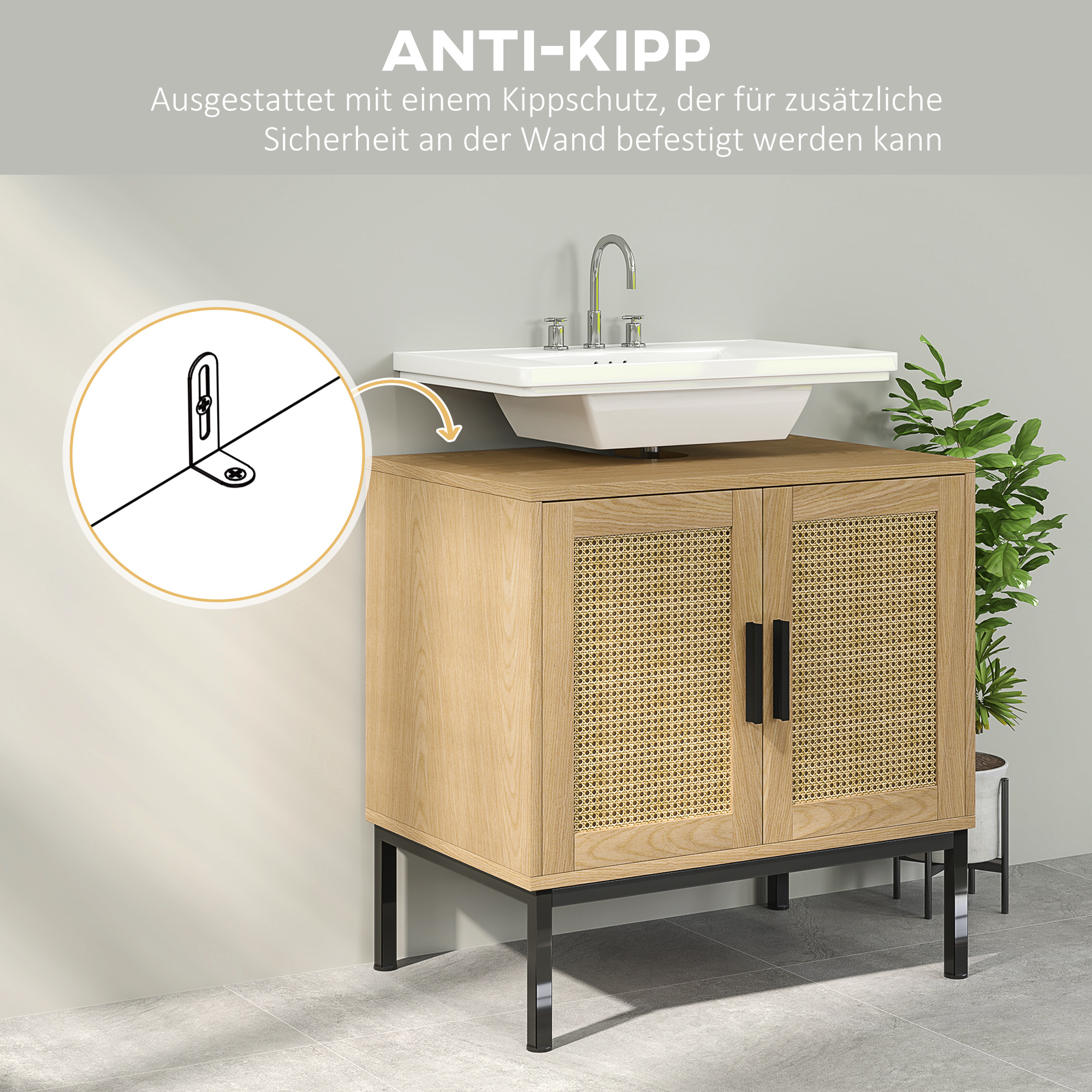 Badezimmerunterschrank, im Boho-Design, Badezimmerschrank, Rattan-Elemente, mit U-Ausschnitt, Eiche