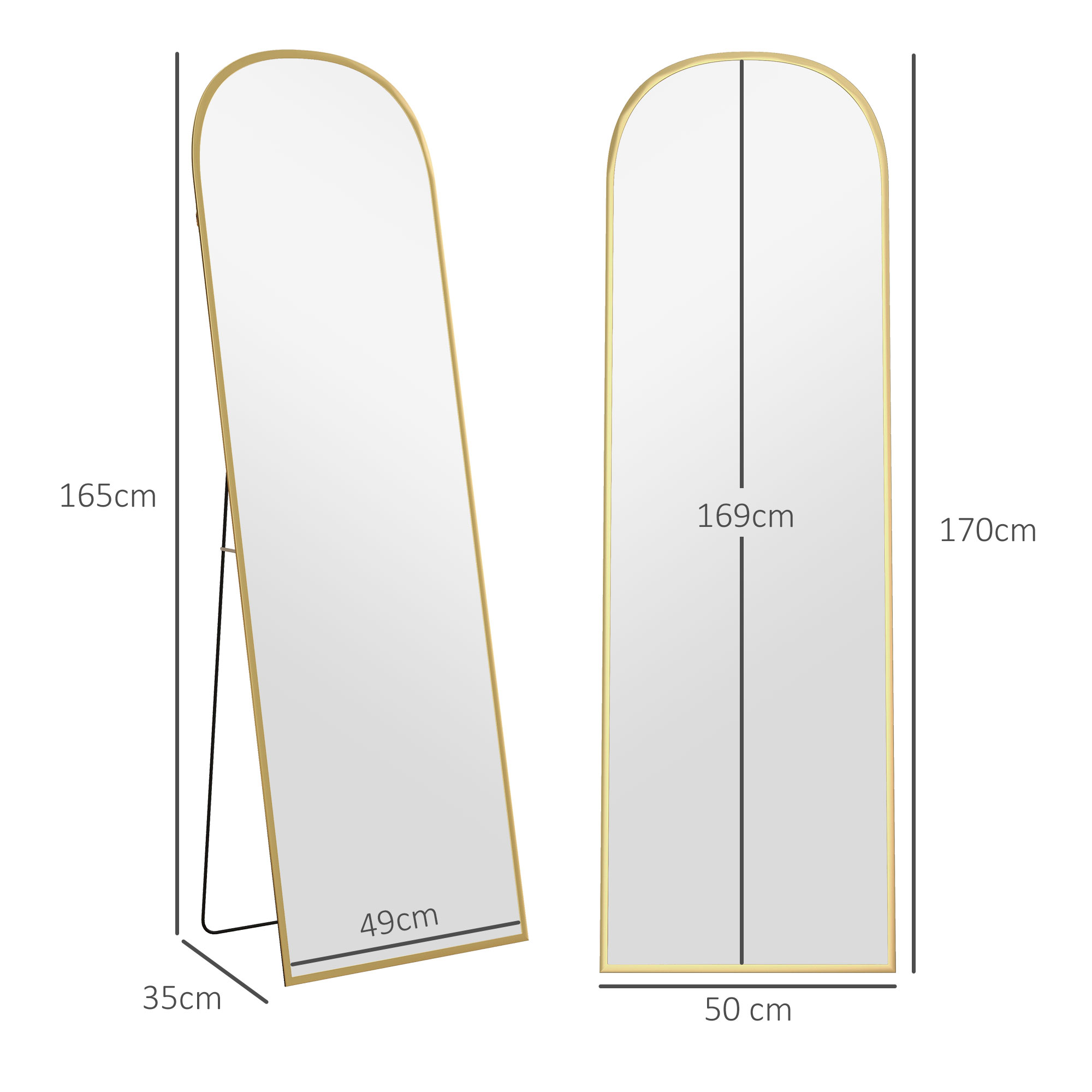 Standspiegel, Ganzkörperspiegel, modernes Design, 50 cm x 1,5 cm x 170 cm, Gold