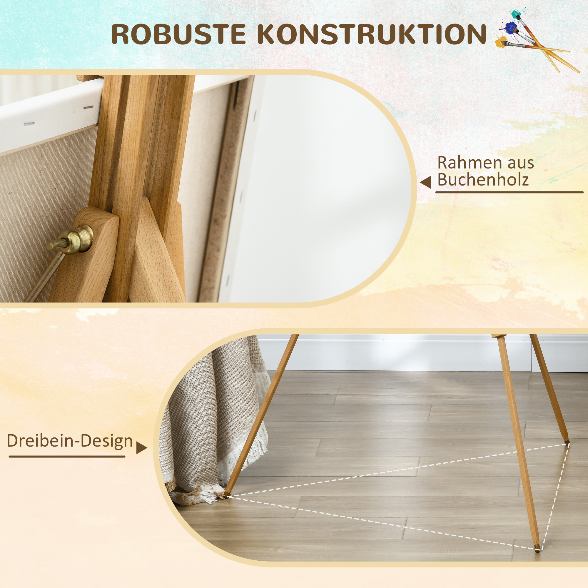 Staffelei, höhenverstellbar, klappbar, natürliches Buchenholz, für Leinwände bis 107H cm