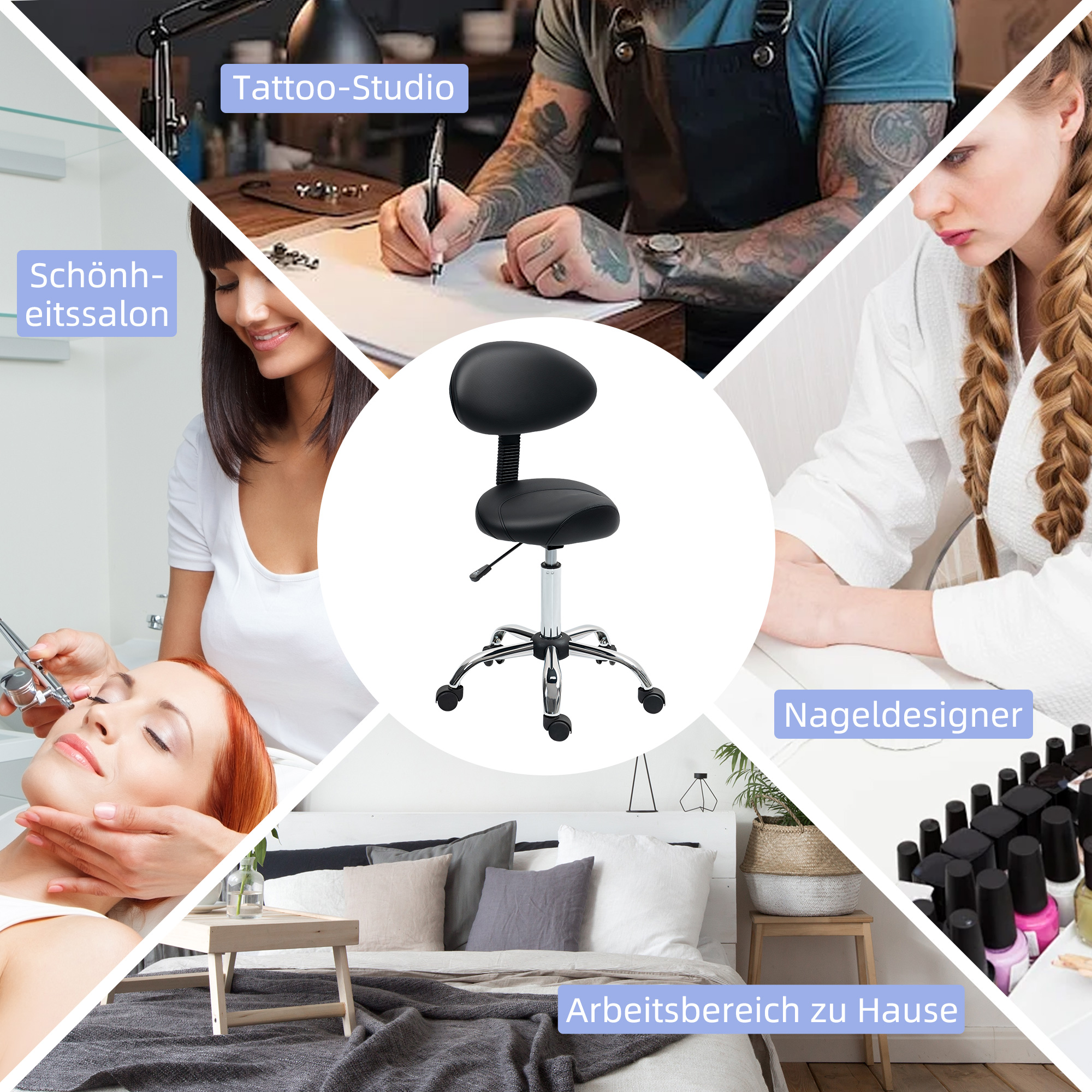 Rollhocker höhenverstellbar mit Rückenlehne Drehhocker 83-98 cm Arbeitshocker 360° drehbar für Büro Salon