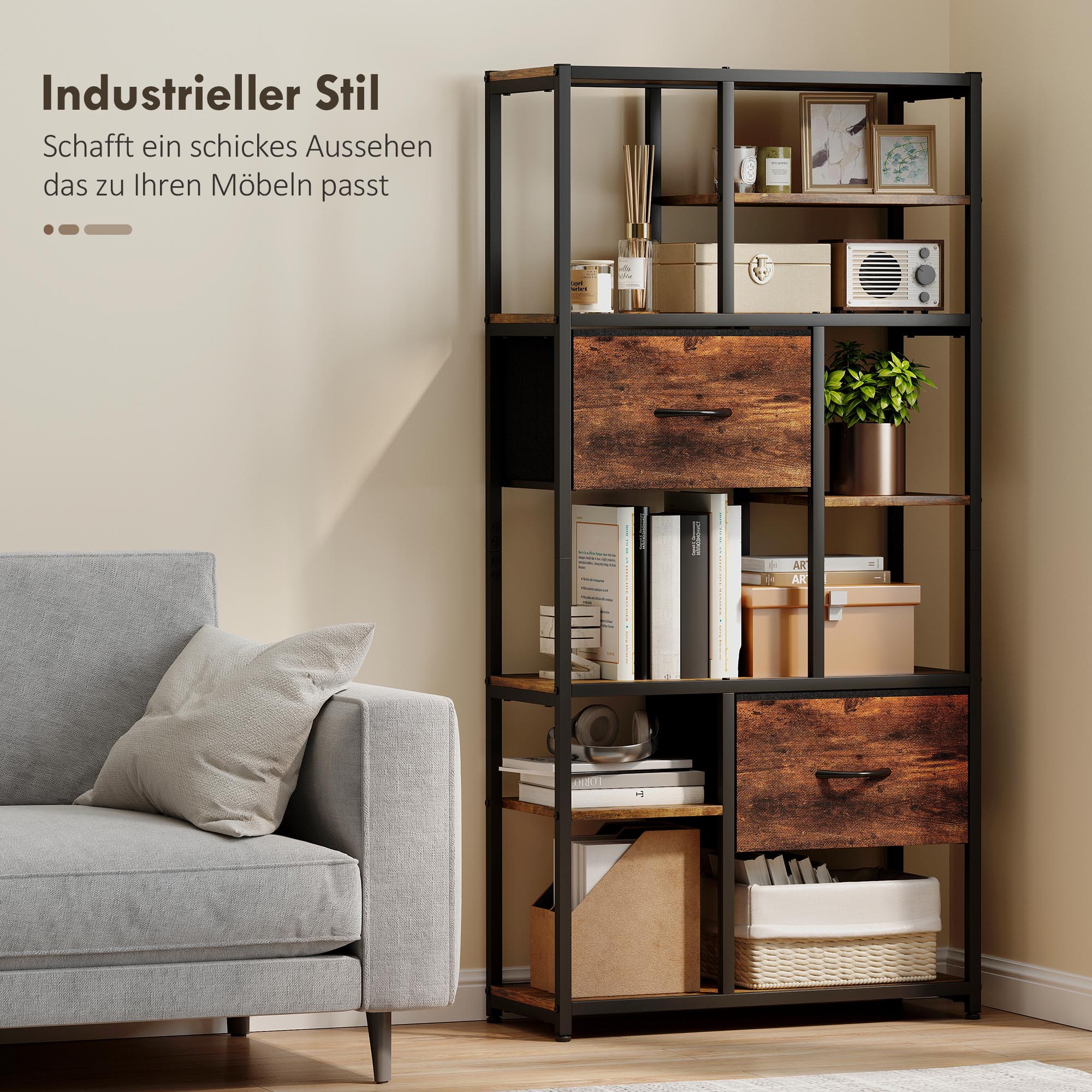 Aufbewahrungsregal, 2 Stoffschubladen, 9 offene Fächer, freistehendes Regal mit Stahlrahmen, Braun+Schwarz