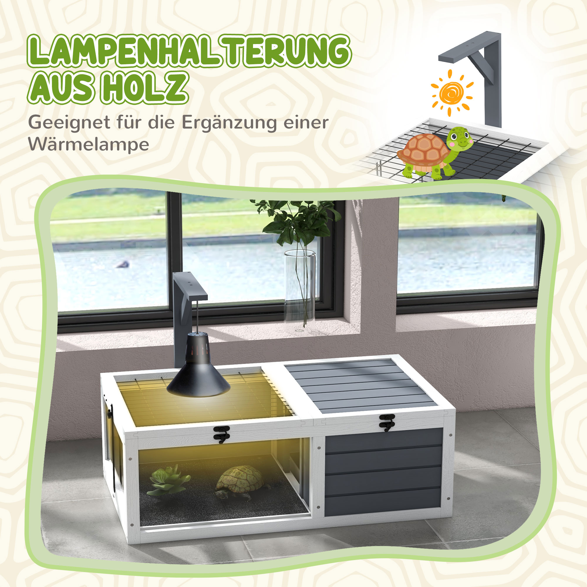 Schildkrötenhaus, Reptilienbox mit 2 Räumen, Deckel, Kunststoffschalen, Fenster, Holz, Grau