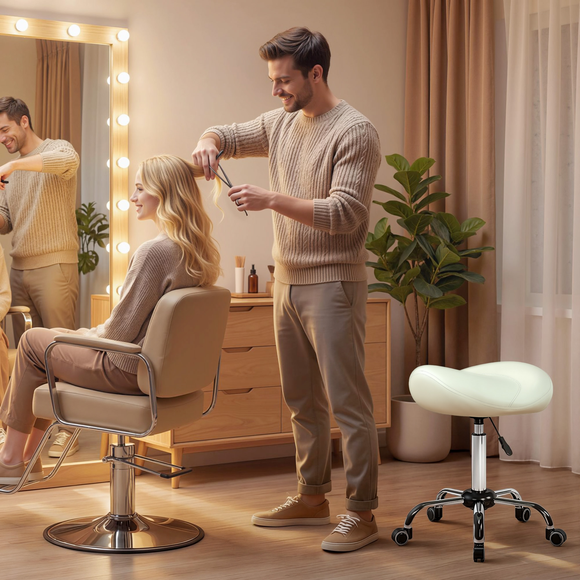 Sattelstuhl, höhenverstellbarer Rollstuhl mit PU-Leder für Massage, Spa, Klinik, Beauty und Tattoo, Cremeweiß