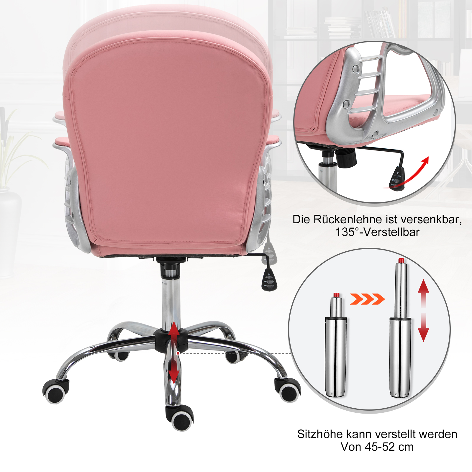 Bürostuhl, Ergonomisch Schreibtischstuhl mit Armlehne, Gepolsterter Rückenlehne, Höhenverstellbar Computerstuhl mit Kunstlederoptik, Drehstuhl für Home Office, Rosa