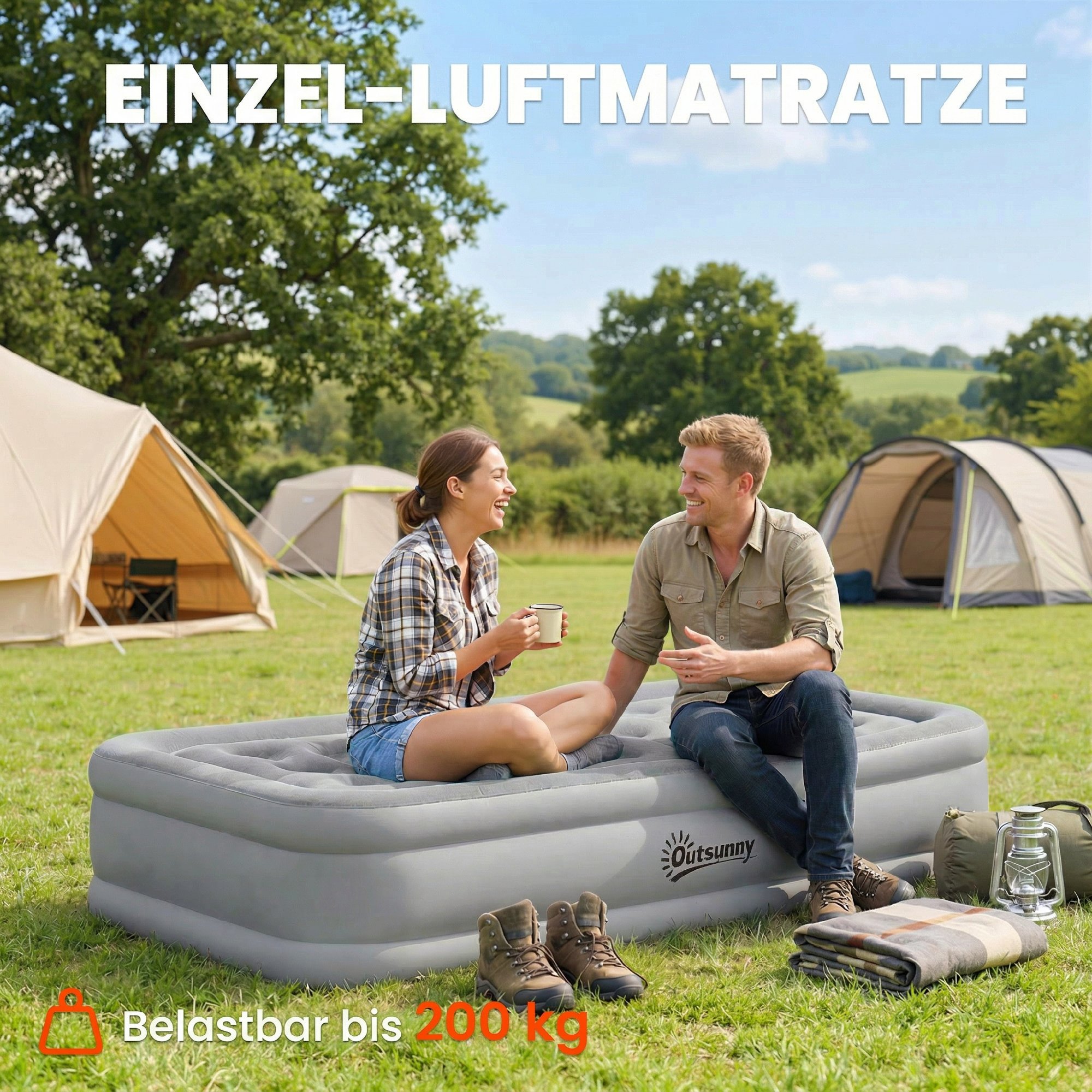 Luftmatratze, 1 Person, selbstaufblasend, Luftbett mit Integrierter elektrischer Pumpe in 3 Minuten Beflockte Oberfläche