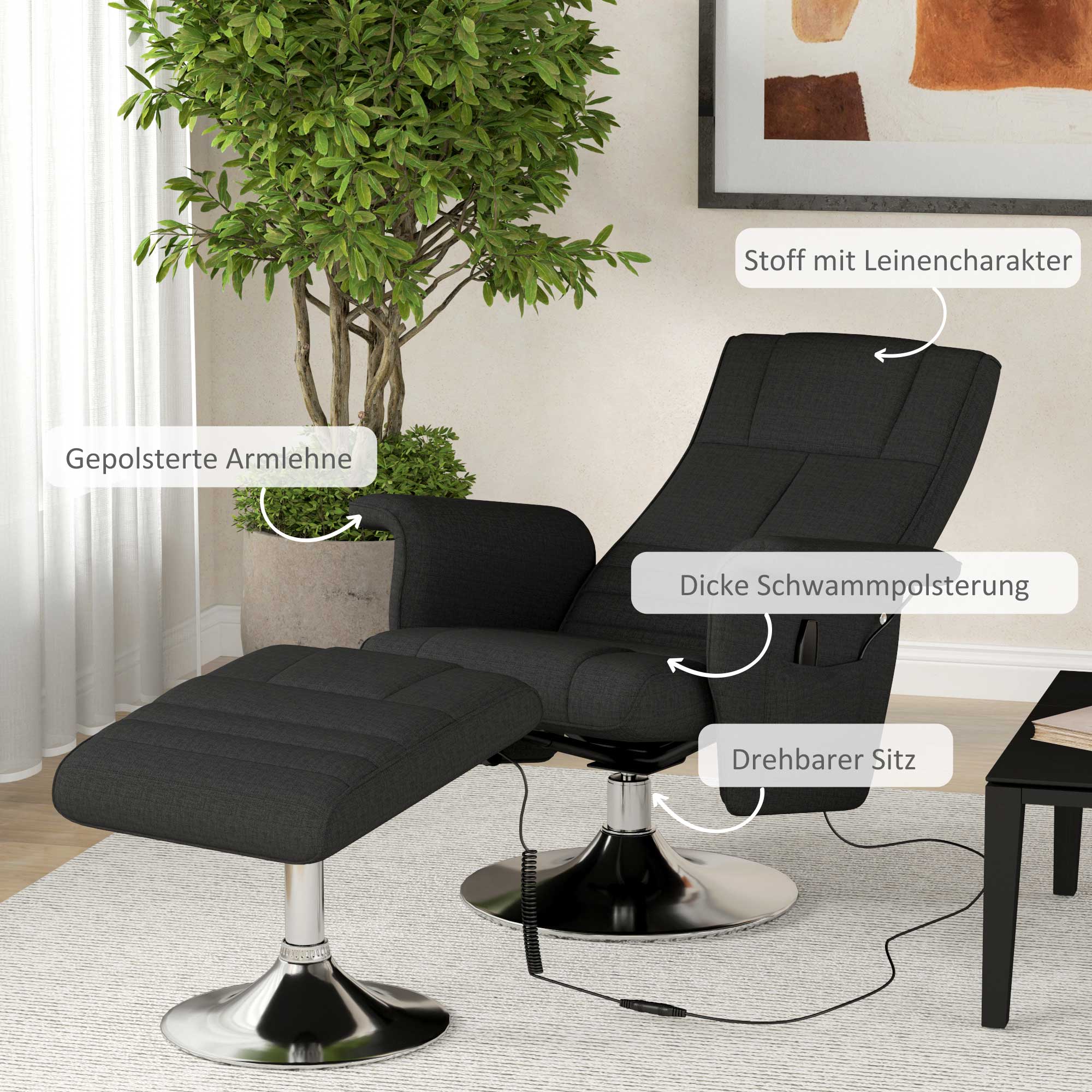 Massagesessel mit Hocker, neigbare Lehne, 78 x 95 x 88 cm, Schwarz