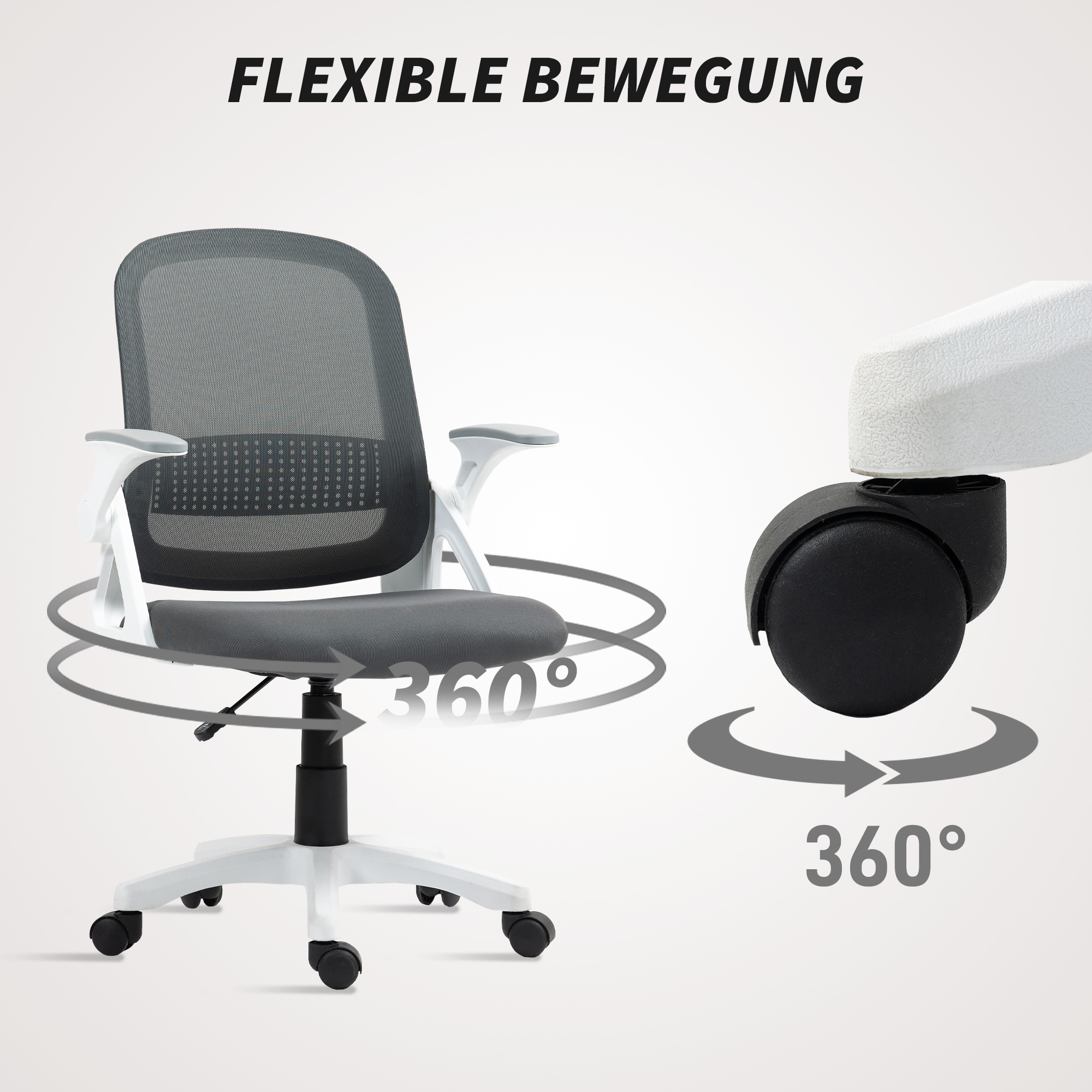 Atmungsaktiver Mesh-Bürostuhl, Ergonomischer Drehstuhl mit klappbaren Armlehnen und Lendenwirbelstütze, Grau