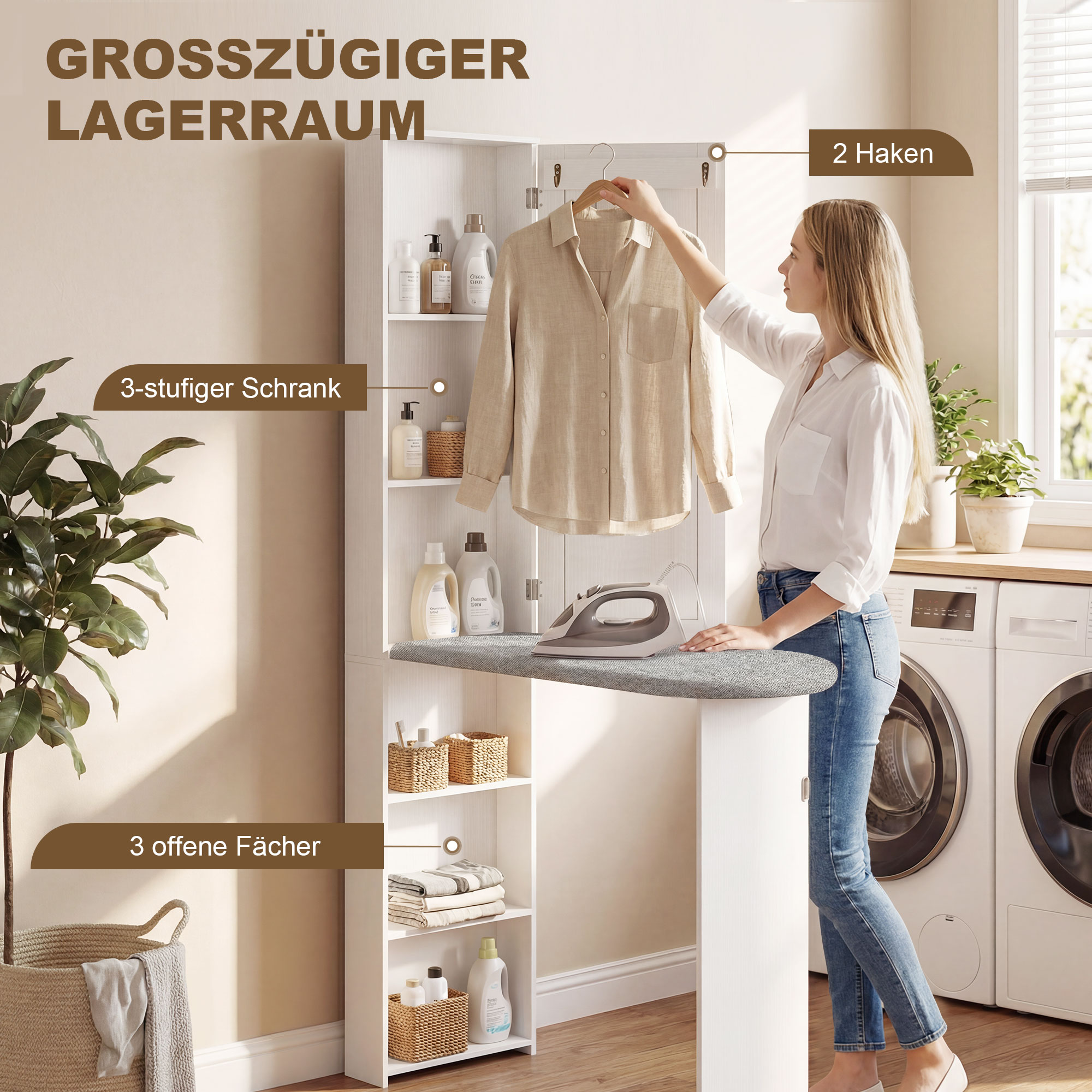 Faltbar Bügelbrettschrank mit Tür internen Regalen Spiegel Platzsparend Bügeltisch für Wäschepflege 106x35x174 cm Weiß