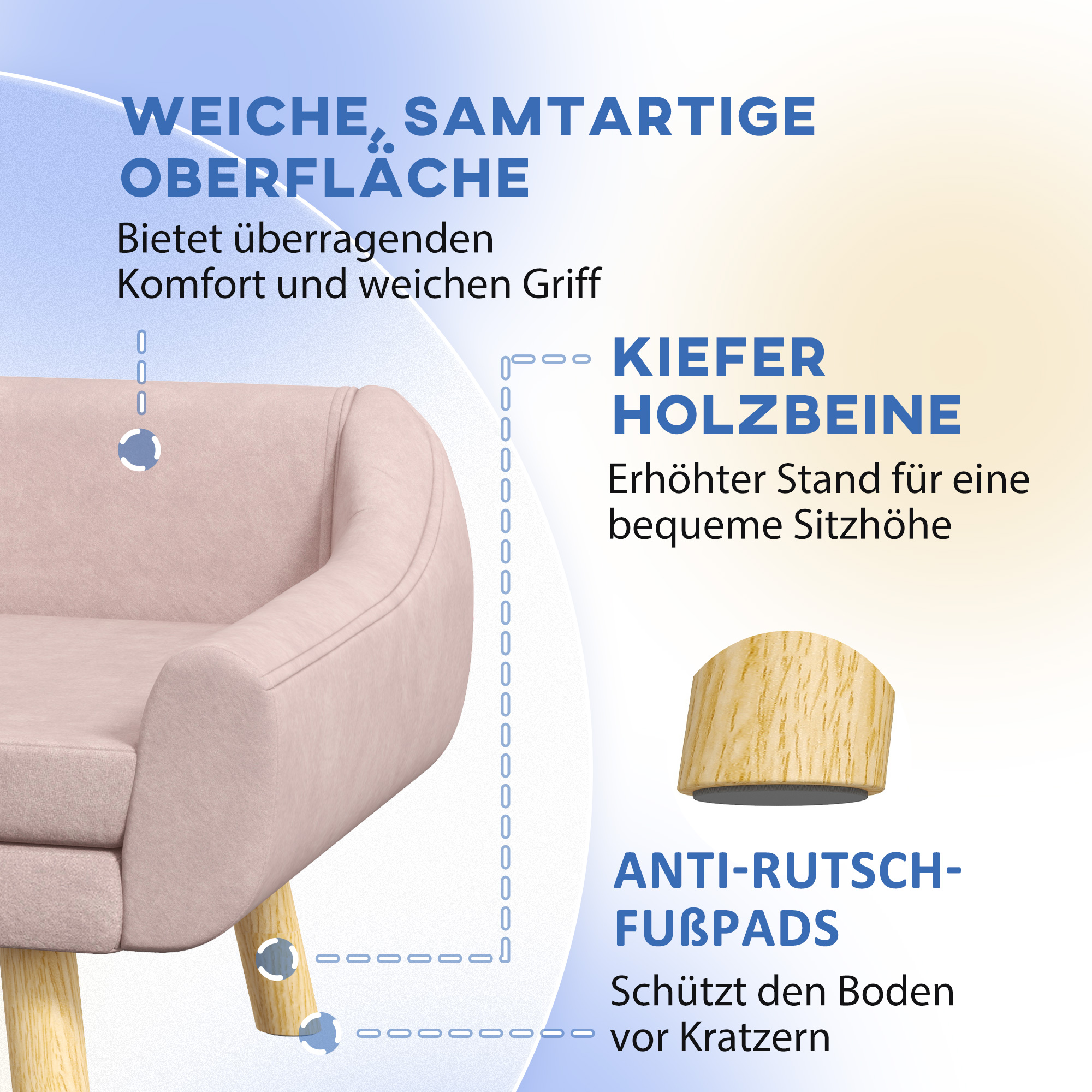 Haustiersofa Hundesofa, Skandidesign, abnehmbares Polster, Samtoptik, 102 cm x 58,5 cm x 42,5 cm, Rosa + Natur