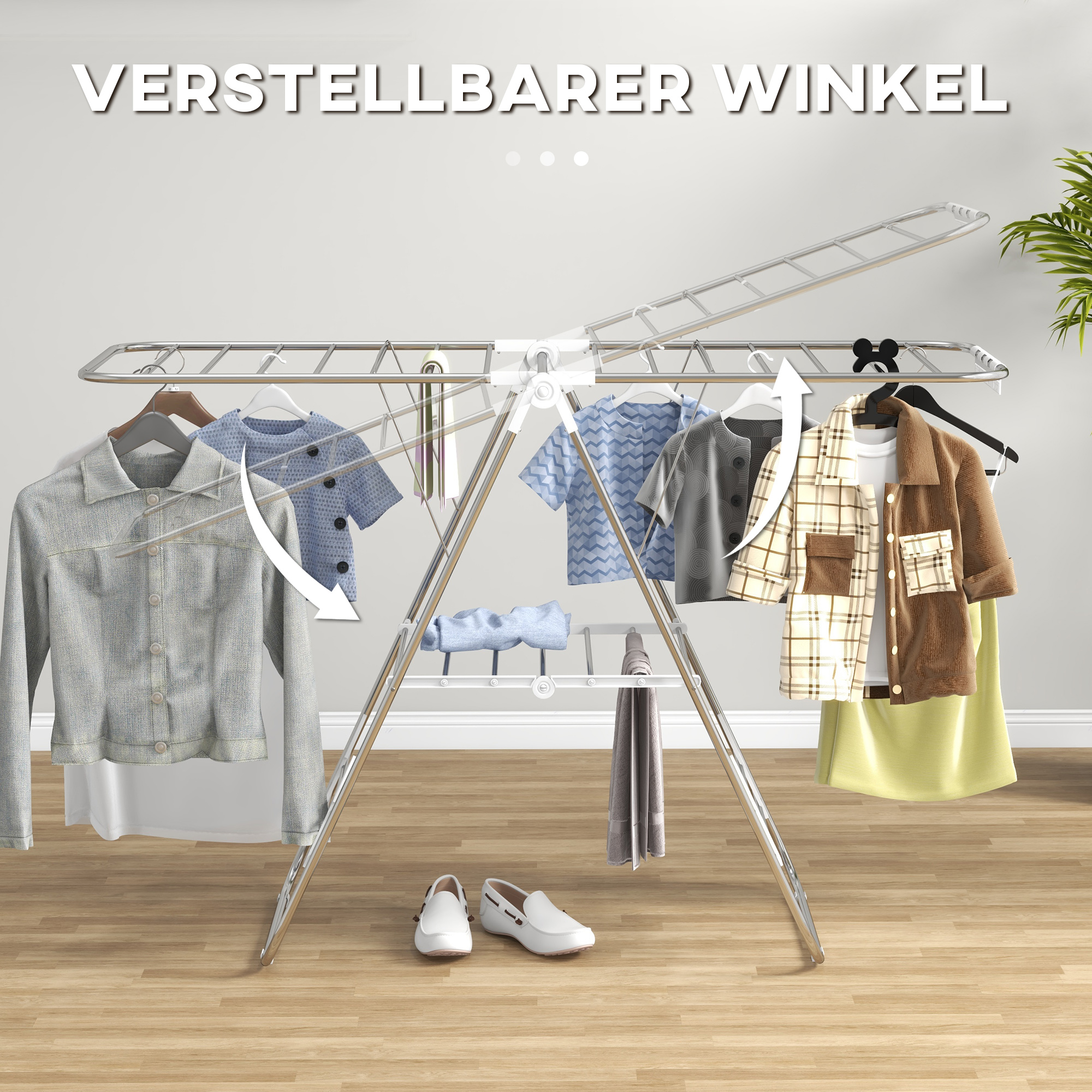 Wäscheständer 1,48 m Trockenlänge tragbar Standtrockner mit Teleskopstangen, Flügelwäscheständer Wäschetrockner für Innen und Außen, Silber+Weiß