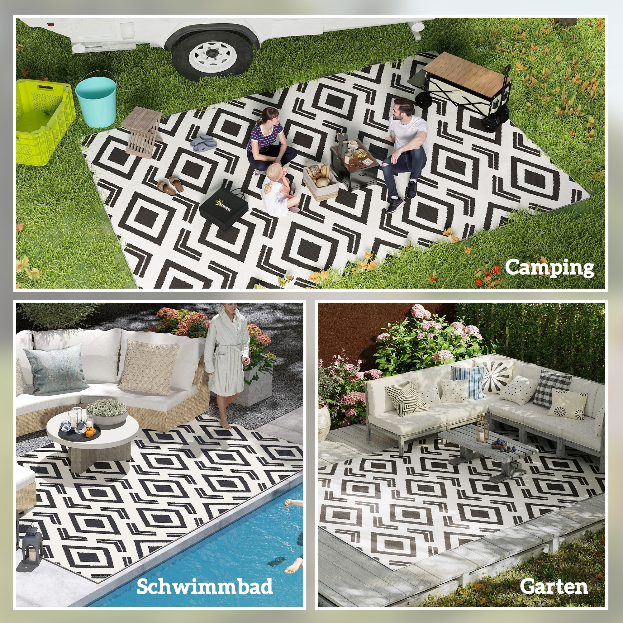 Outdoor Teppich robuster Wetterfest Outdoorteppich mit Tragtasche, faltbar Carpet Boho-Style 182 x 274 cm Schwarz+Weiß