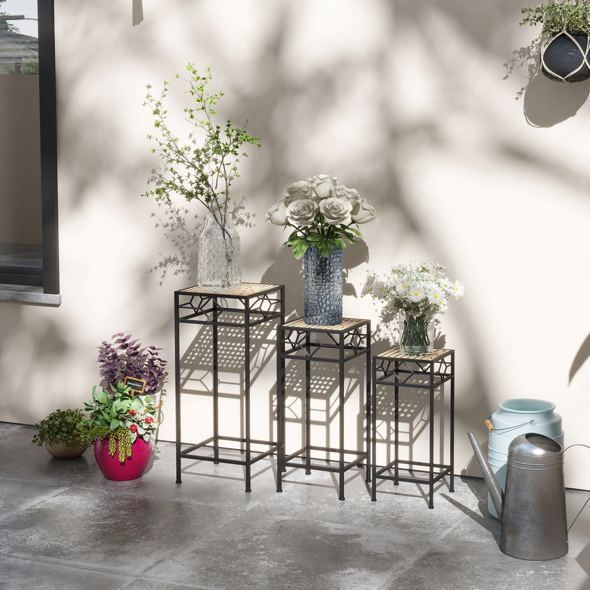 Blumenständer, 3er-Set, rund, stapelbar, Rattanoptik, Metallbeine, In- und Outdoor, Schwarz/Gold