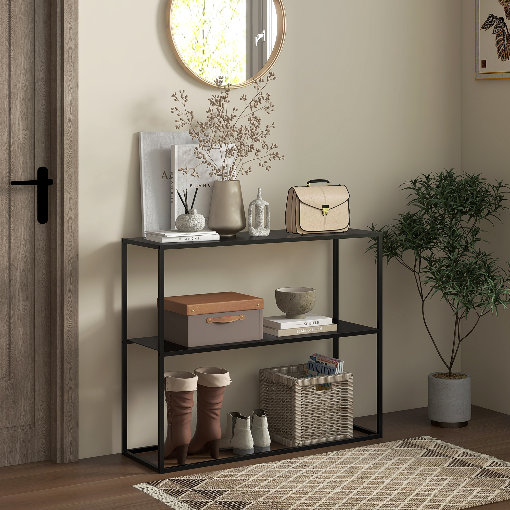 Konsolentisch, Sideboard, 2 Etagen, pulverbeschichteter Stahl, 90 x 30 x 75cm, schwarz