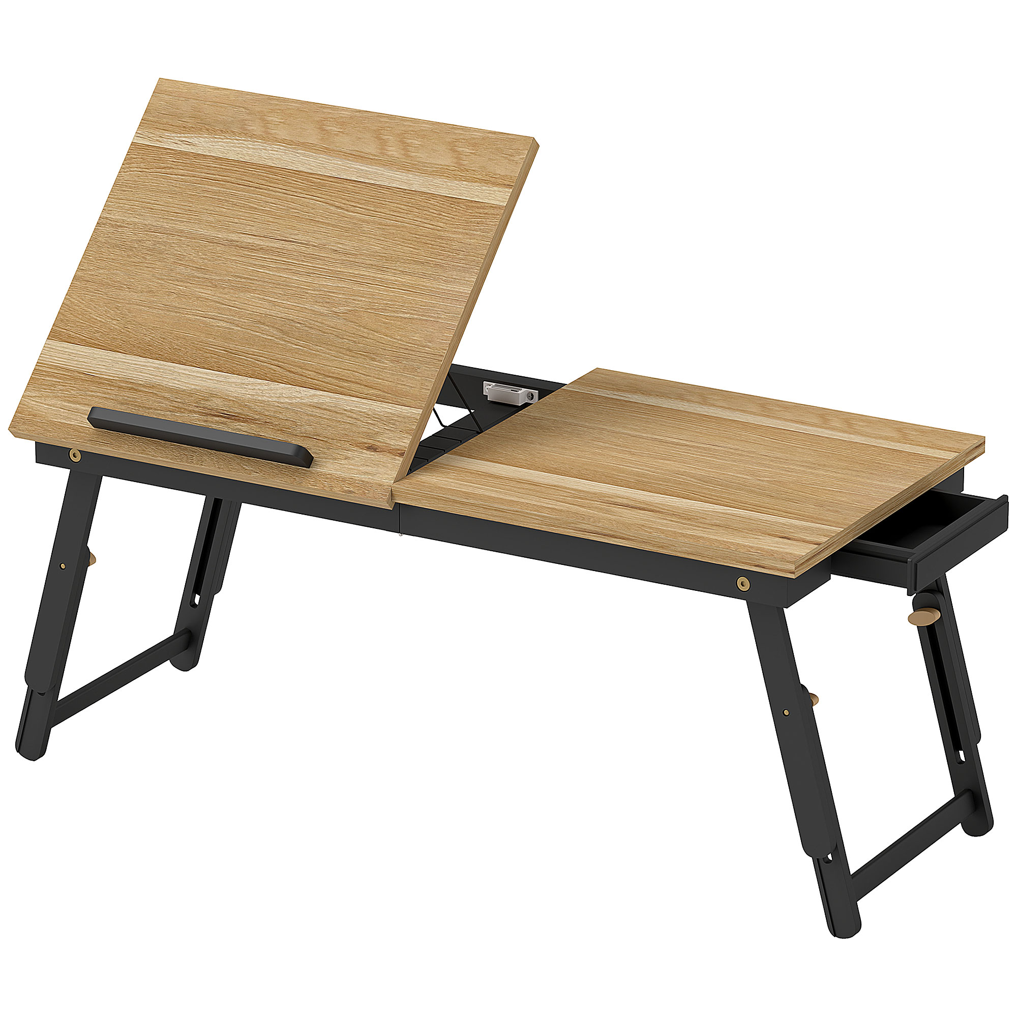 Betttisch, Laptoptisch Höhenverstellbar mit Schublade, Klappbar für Sofa Arbeiten Bett, Eiche