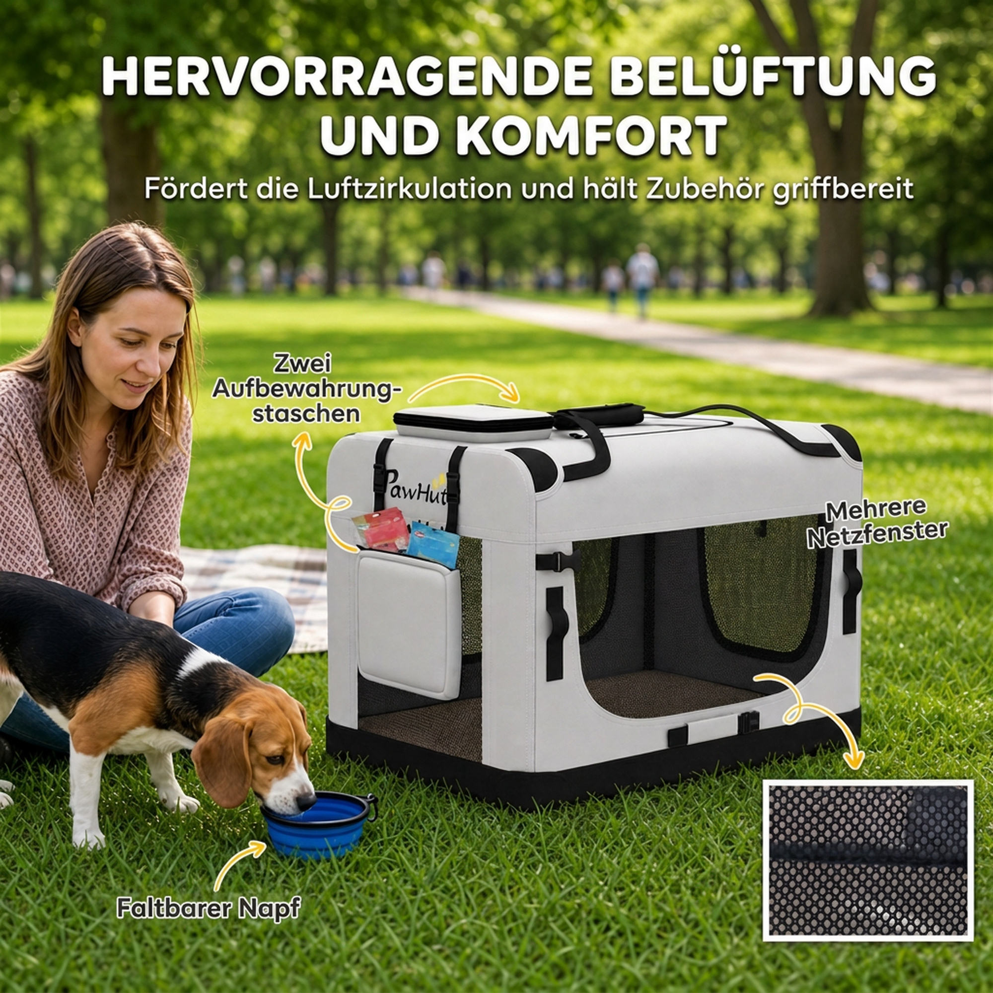 Transporttasche für Haustiere, weichw. Hundetragetasche mit Sicherheitsleine, Kissen und Napf, Hellgrau