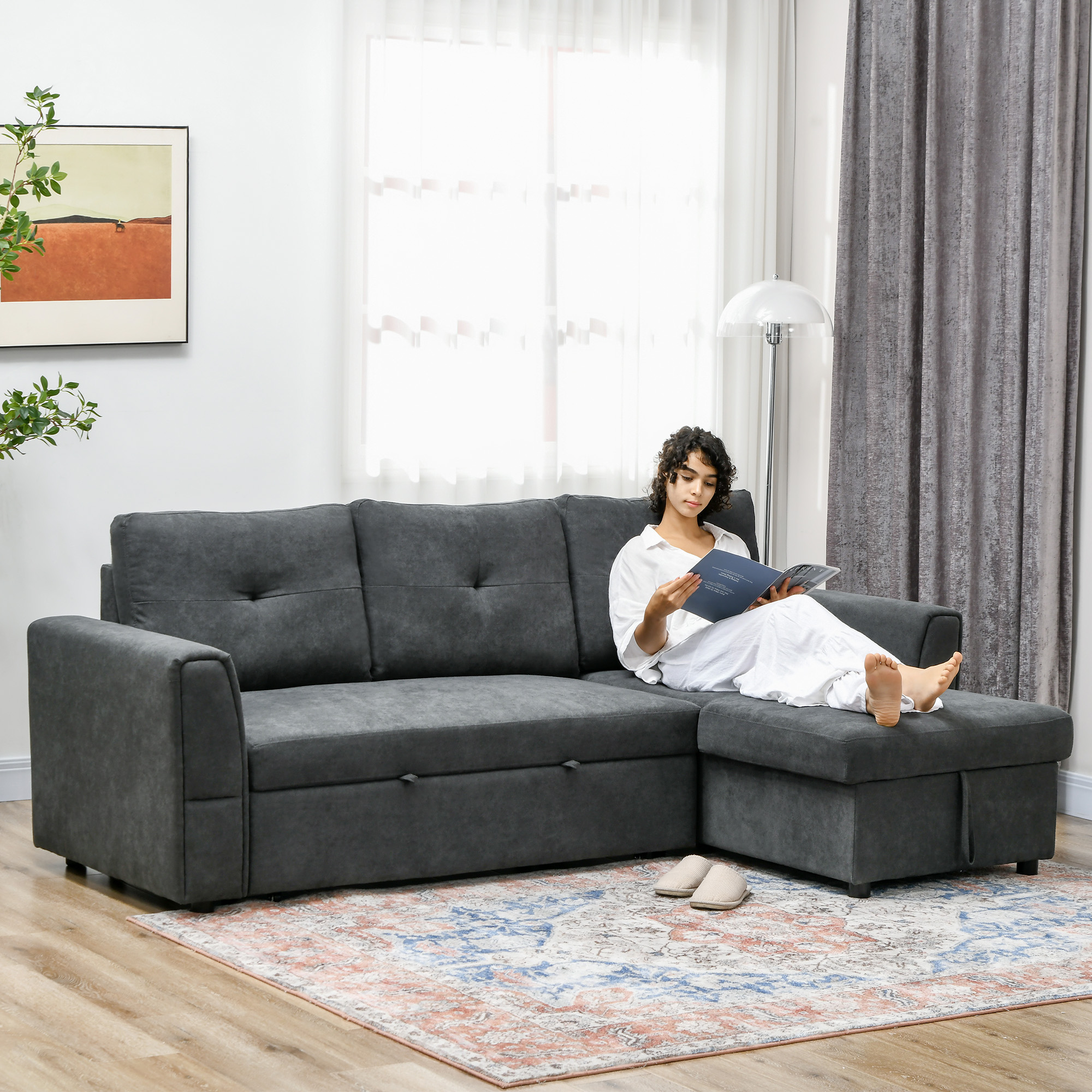 3-Sitzer-Sofa mit Bettfunktion, Schlafsofa mit Chaiselongue, Polstersofa, Dunkelgrau