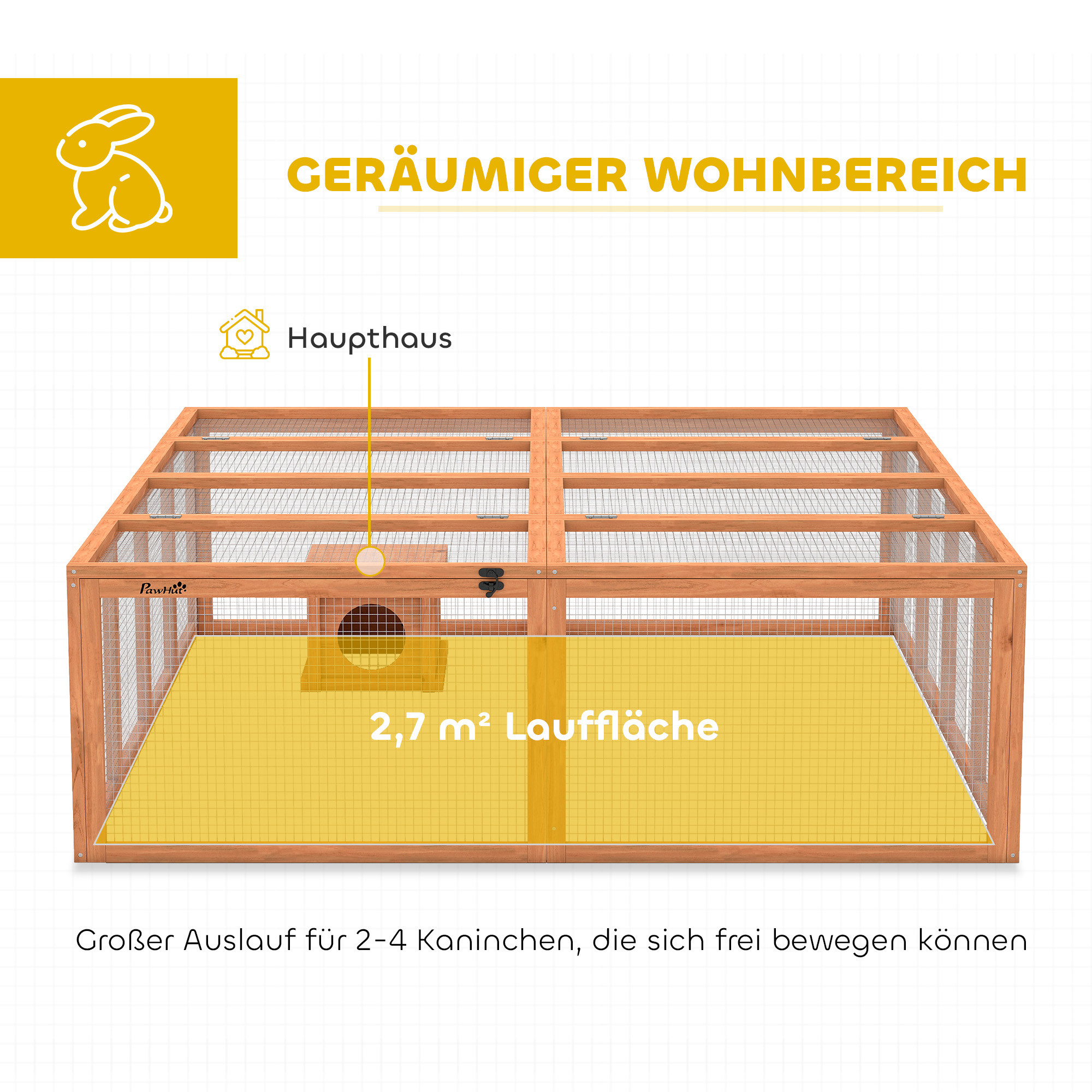 Freilaufgehege Kaninchenstall aus Holz mit 2 Türen Unterschlupfhaus für 2-4 Zwergkaninchen 180,4 x 150 x 48 cm Orange