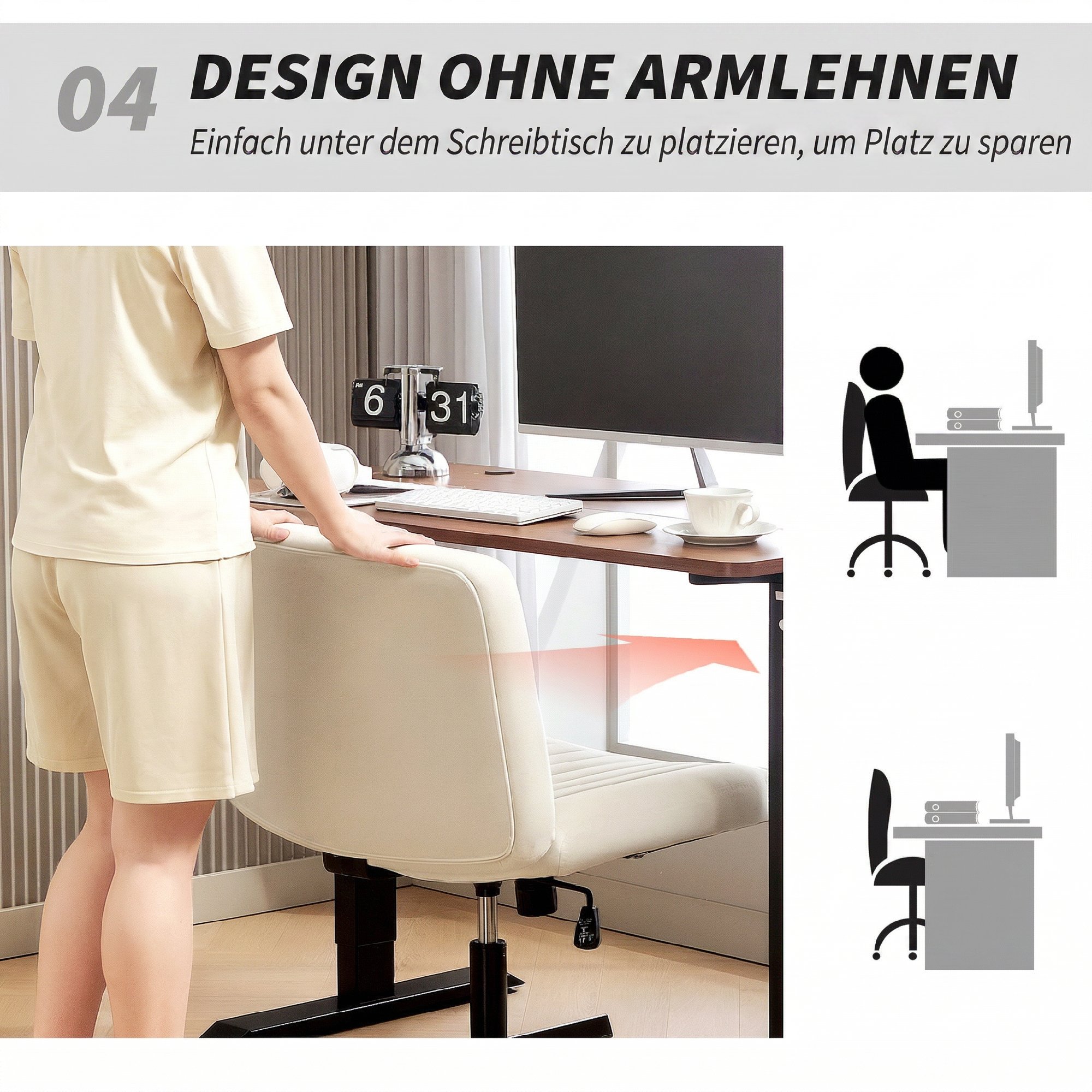 Homeoffice Stuhl höhenverstellbar Drehstuhl mit Leinenoptik Schneidersitz-Stuhl bis 120 kg belastbar, Cremeweiß