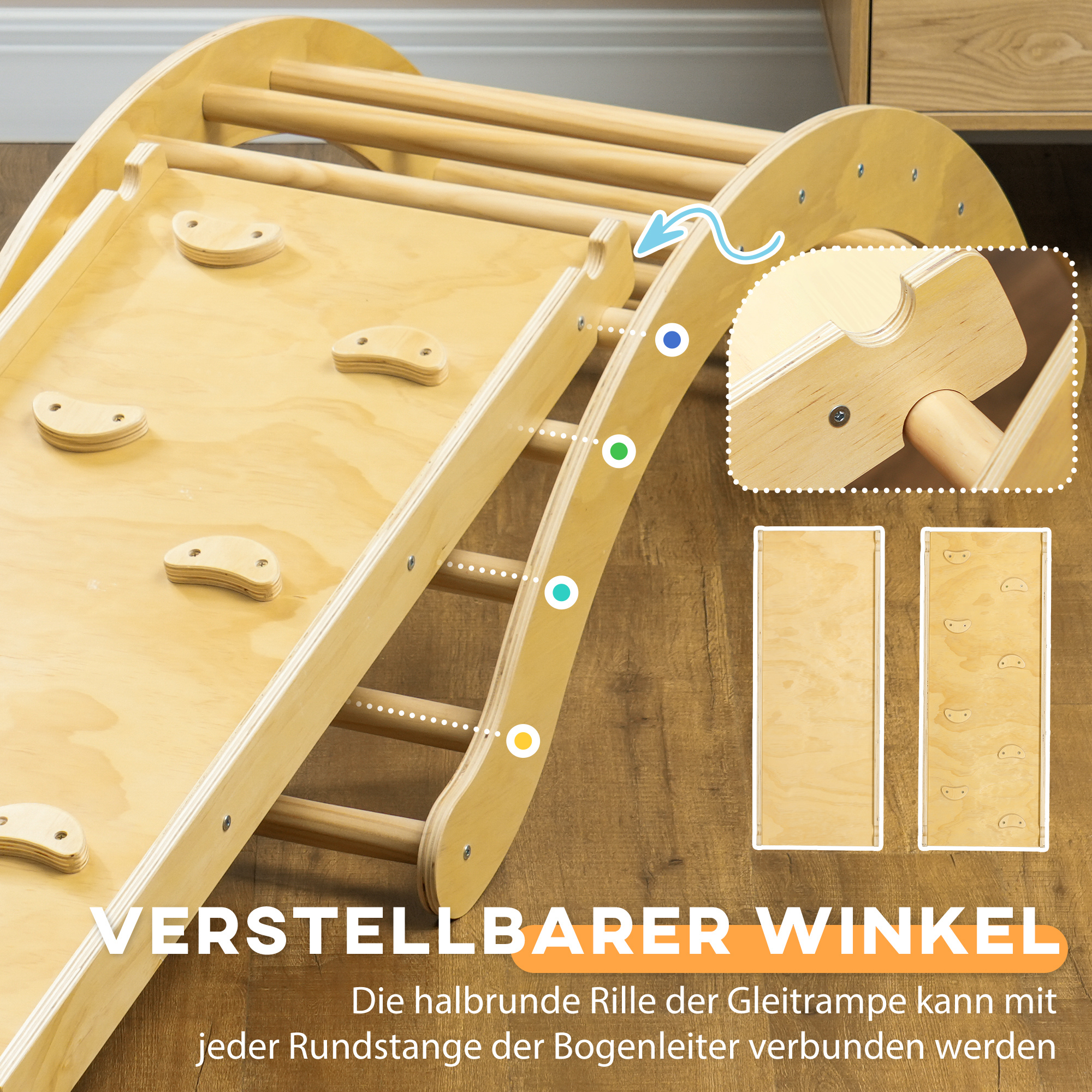 Kinder-Kletterset, 4-in-1-Design mit Bogenbrücke, Schaukelwippe, Kissen, Rutschrampe, für den Innenbereich, Holz